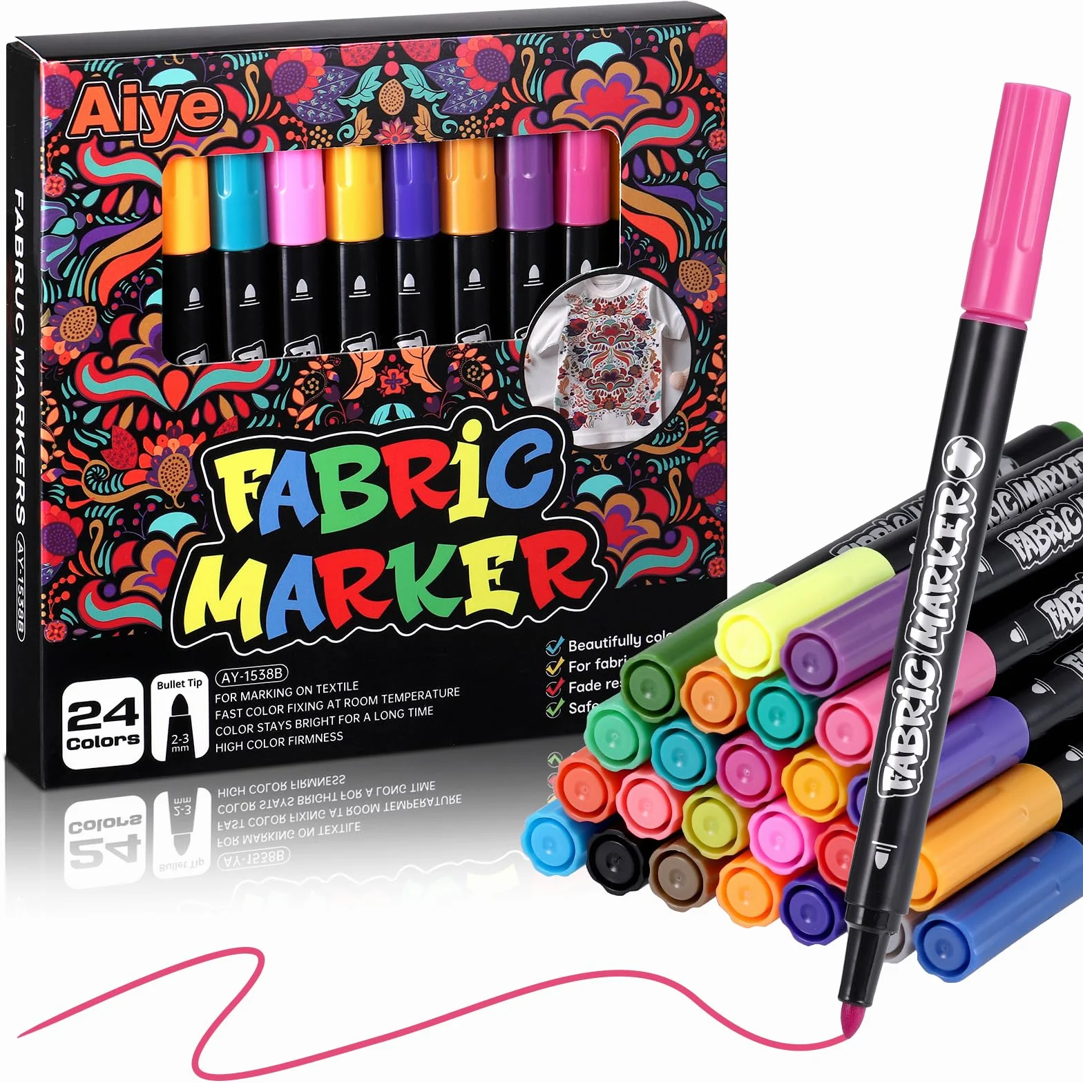 JIANTA Marker tekstylny permanentny, 24 kolory, markery do tkanin i tkanin, markery do farb tekstylnych, farb tekstylnych do prania, butów, toreb, kubków itp.