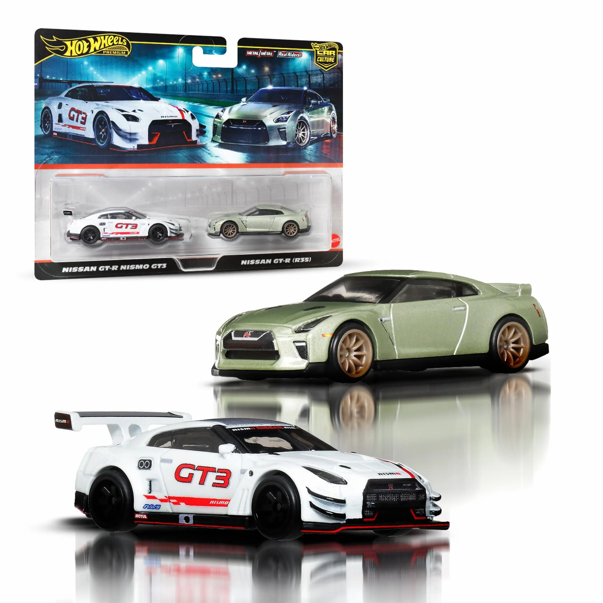 Hot Wheels Premium Kultowe auta Nissan GTR 2-pak samochodów w skali 1:64, wyjątkowe połączenia, opony Real Riders, metalowa konstrukcja, zestaw auta dla kolekcjonerów, JBL05