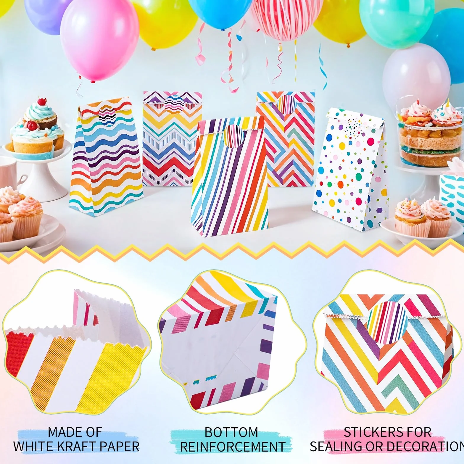 woric Papierowe torby imprezowe, 22 x 12 x 7 cm, tęczowe torby na słodycze dla dzieci, na imprezę, z naklejkami, na urodziny, Boże Narodzenie, baby shower, ślub, 50 szt., 5 stylów