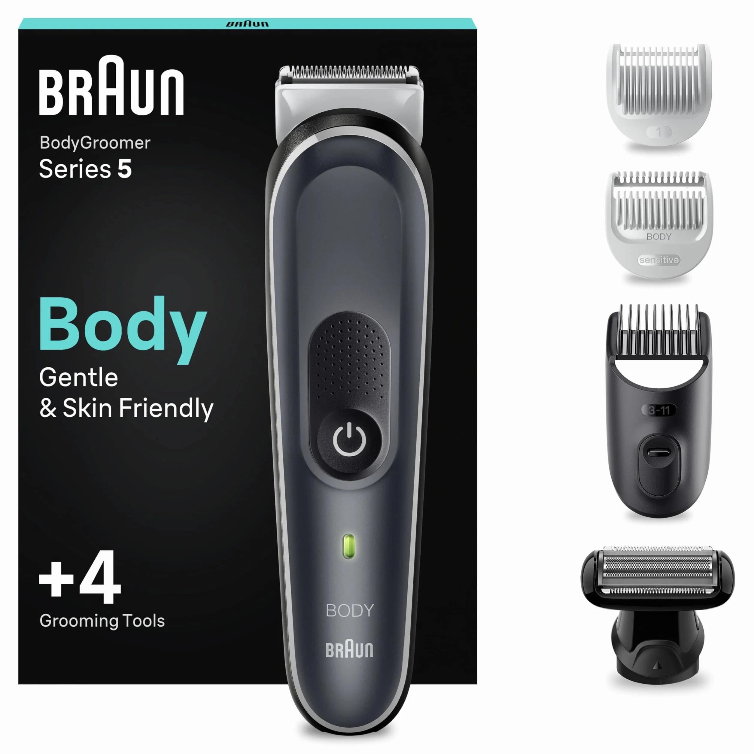 Braun Series 5 Bodygroomer/intymna golarka dla mężczyzn, do pielęgnacji ciała i usuwania włosów dla mężczyzn, piersi, pach, nasadki grzebieniowe 1 – 11 mm, nasadka do golenia na gładko, BG5360