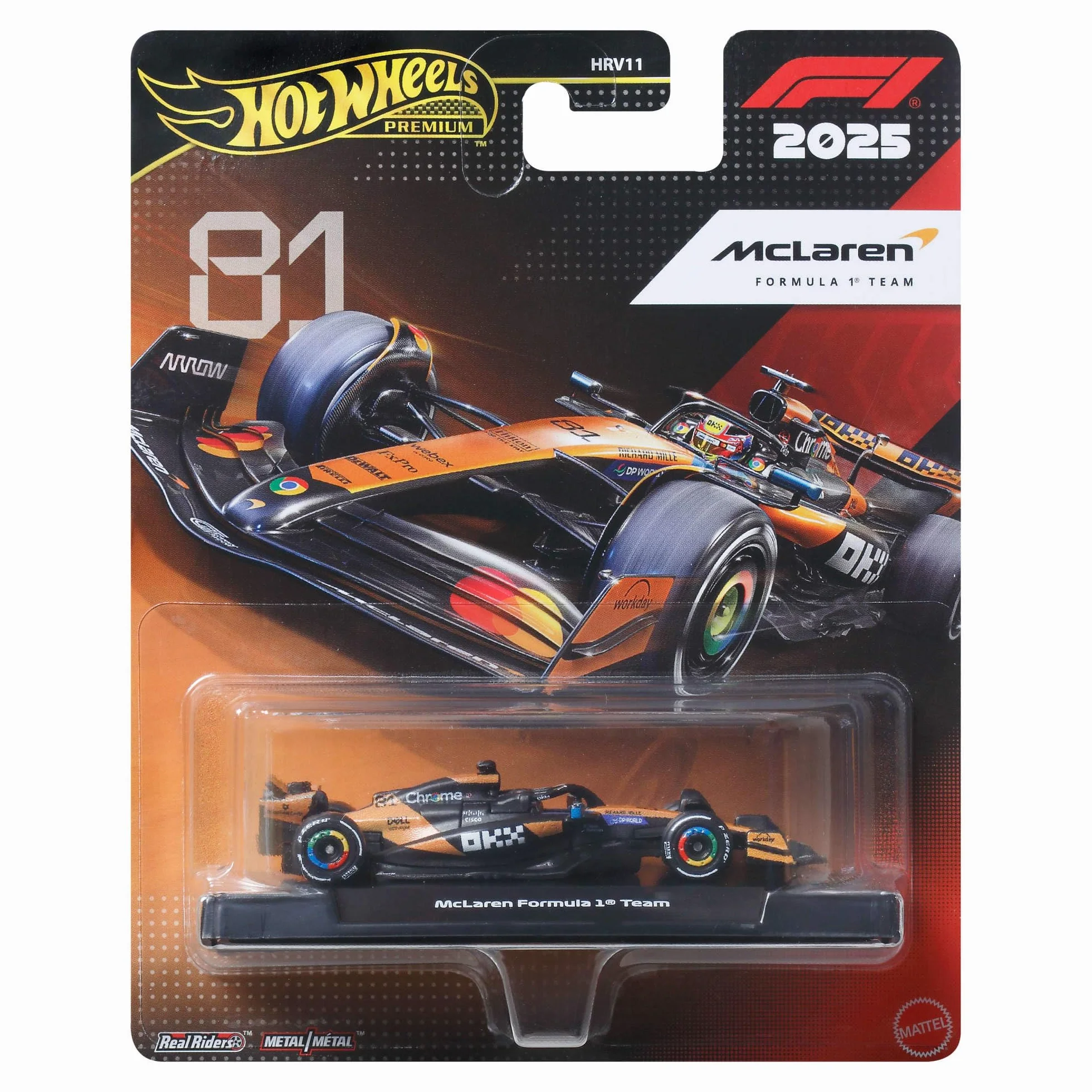 Hot Wheels Formula 1 McLaren Oscar Piastri #81, premium kolekcjonerski samochód wyścigowy die-cast w skali 1:64, opony Real Riders oraz metalowa karoseria i podwozie, JKD81