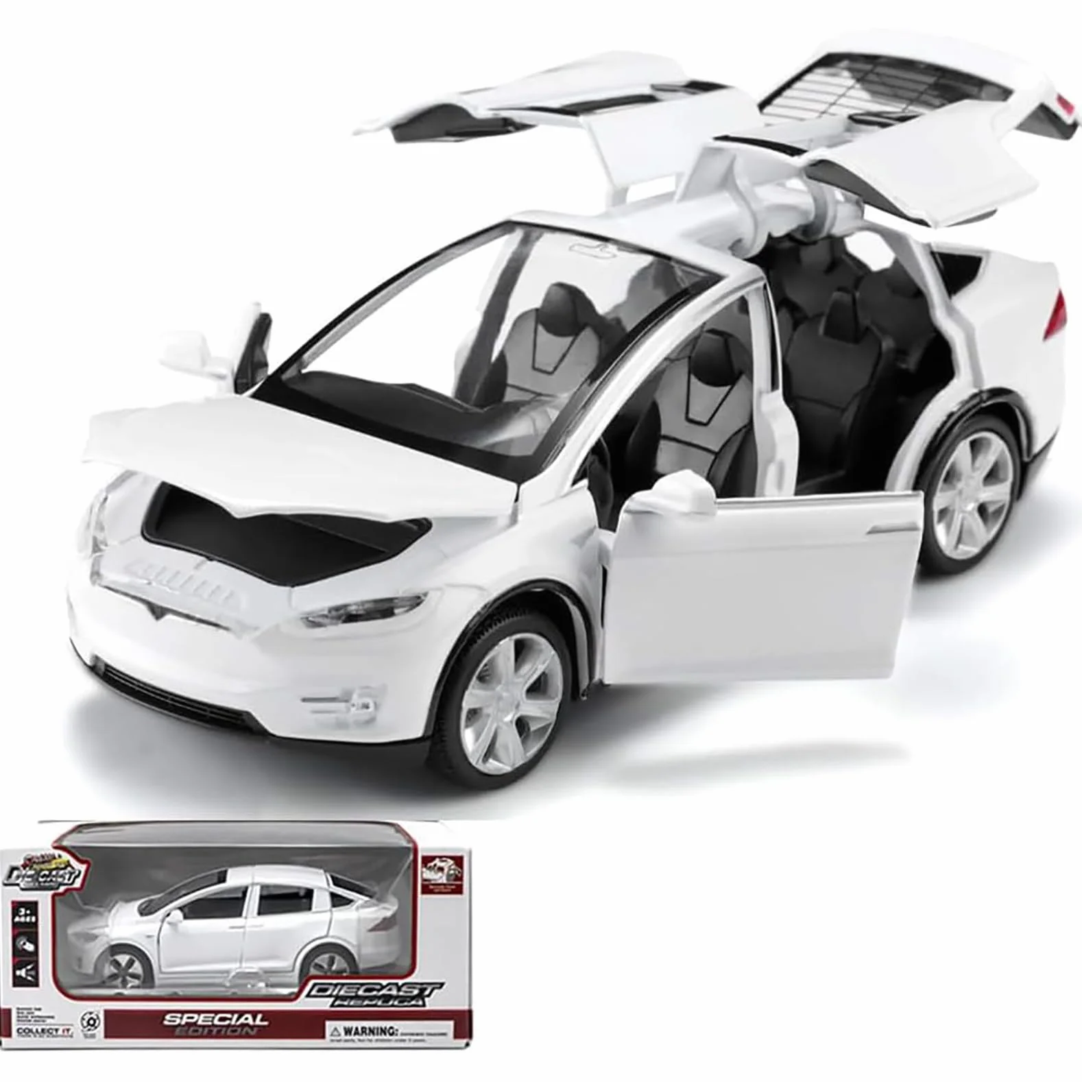 Model samochodu Tesla Model X w skali 1:32, elektroniczna zabawka ze stopu odlewanego ciśnieniowo z funkcją cofania, ze światłami i muzyką, mini pojazd zabawka jako prezent dla dzieci (biały)