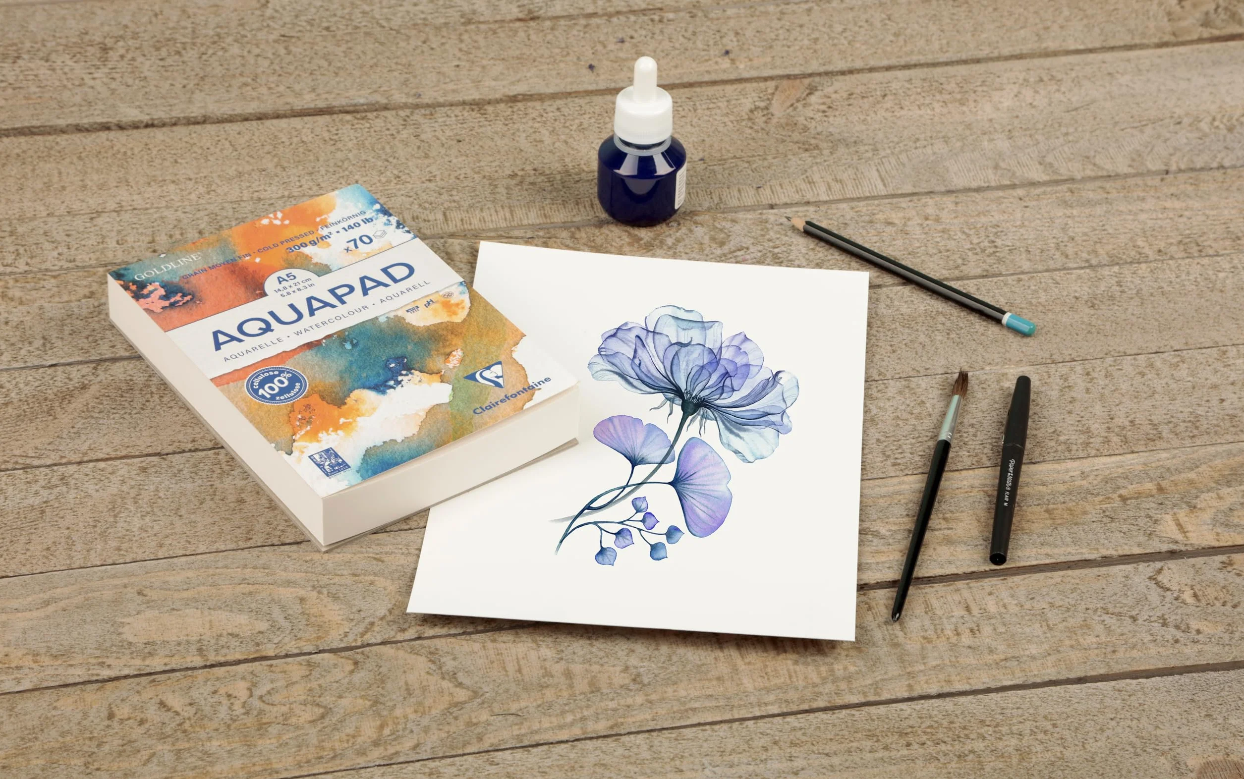Clairefontaine 975720C – Blok klejony Goldline Aquapad – 70 arkuszy papieru akwarelowego biały, średnioziarnisty – A5 (14,8 x 21 cm), 300 g