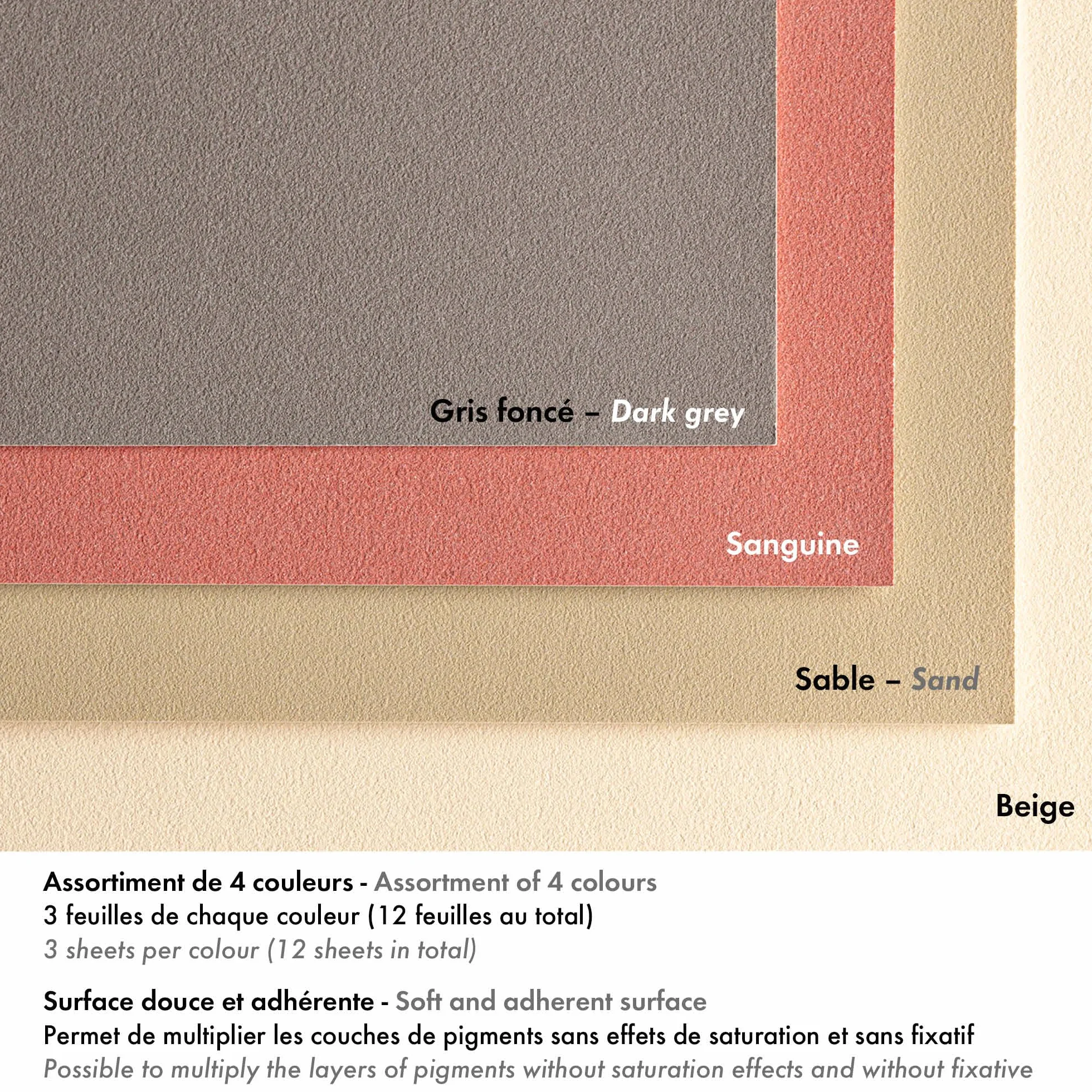 Clairefontaine 96054C Blok Pastelmat n°7 – 12 arkuszy specjalnego papieru do pasteli suchych – 30x40 cm 360g – 4 kolory – przekładki z papieru krystalicznego
