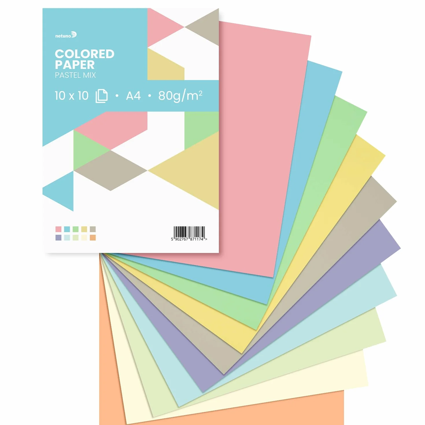 Netuno 100 arkuszy kolorowego papieru w pastelowych kolorach (10x10) DIN A4 21 x 29,7 cm 80g Mieszanka papieru w kolorach posortowanych, zestaw kolorowych arkuszy, papier do majsterkowania w jasnych