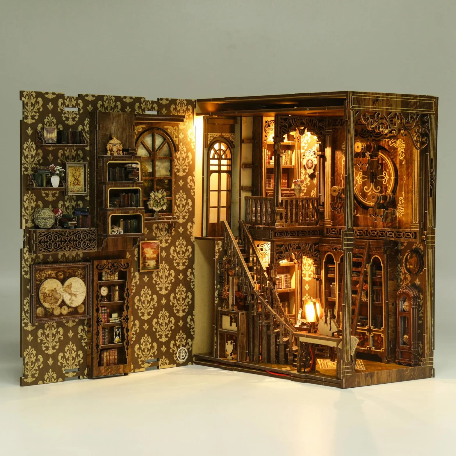 Tecnock Zestaw do samodzielnego wykonania, miniaturowy zestaw domków dla dorosłych i nastolatków, antyczna scena biblioteczna, dekoracja z przełącznikiem dotykowym, drewniane puzzle 3D, prezent dla