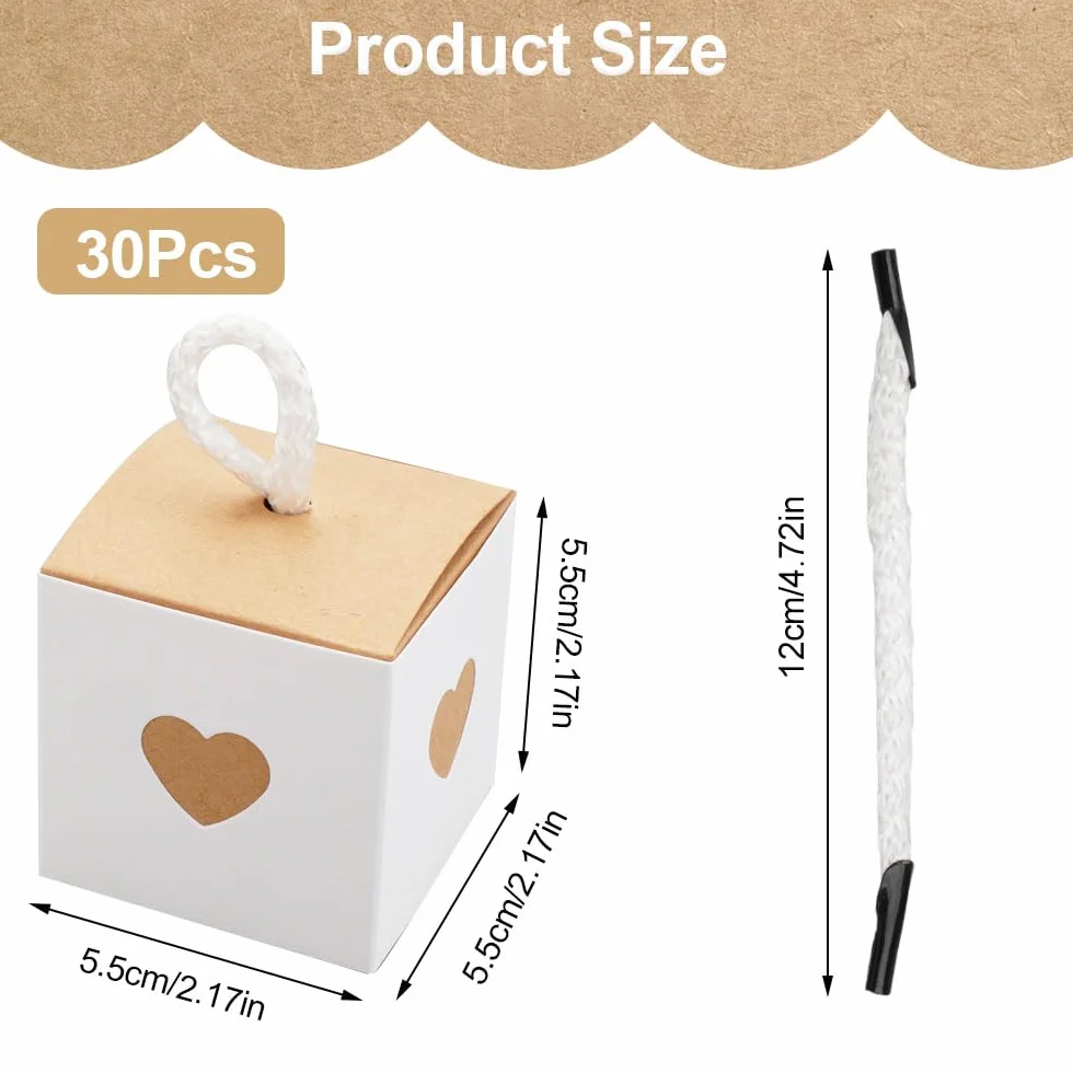 30 małych pudełek prezentowych, białe i brązowe z sercem, 5,5 x 5,5 x 5,5 cm, pudełko na prezent, małe pudełko na pralinki, małe pudełka, pudełko na słodycze, na prezenty dla gości, wesele, przyjęcie