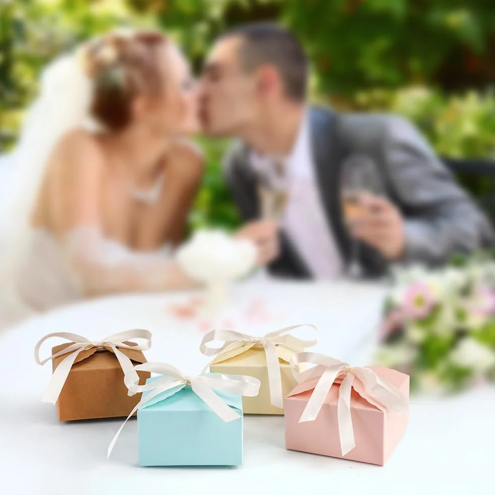 20 sztuk małych pudełek prezentowych, 9×9×5cm, pudełka prezentowe z pokrywkami i wstążkami, zestaw pudełek prezentowych, pudełka prezentowe z papierowymi wstążkami w pastelowych kolorach na święta