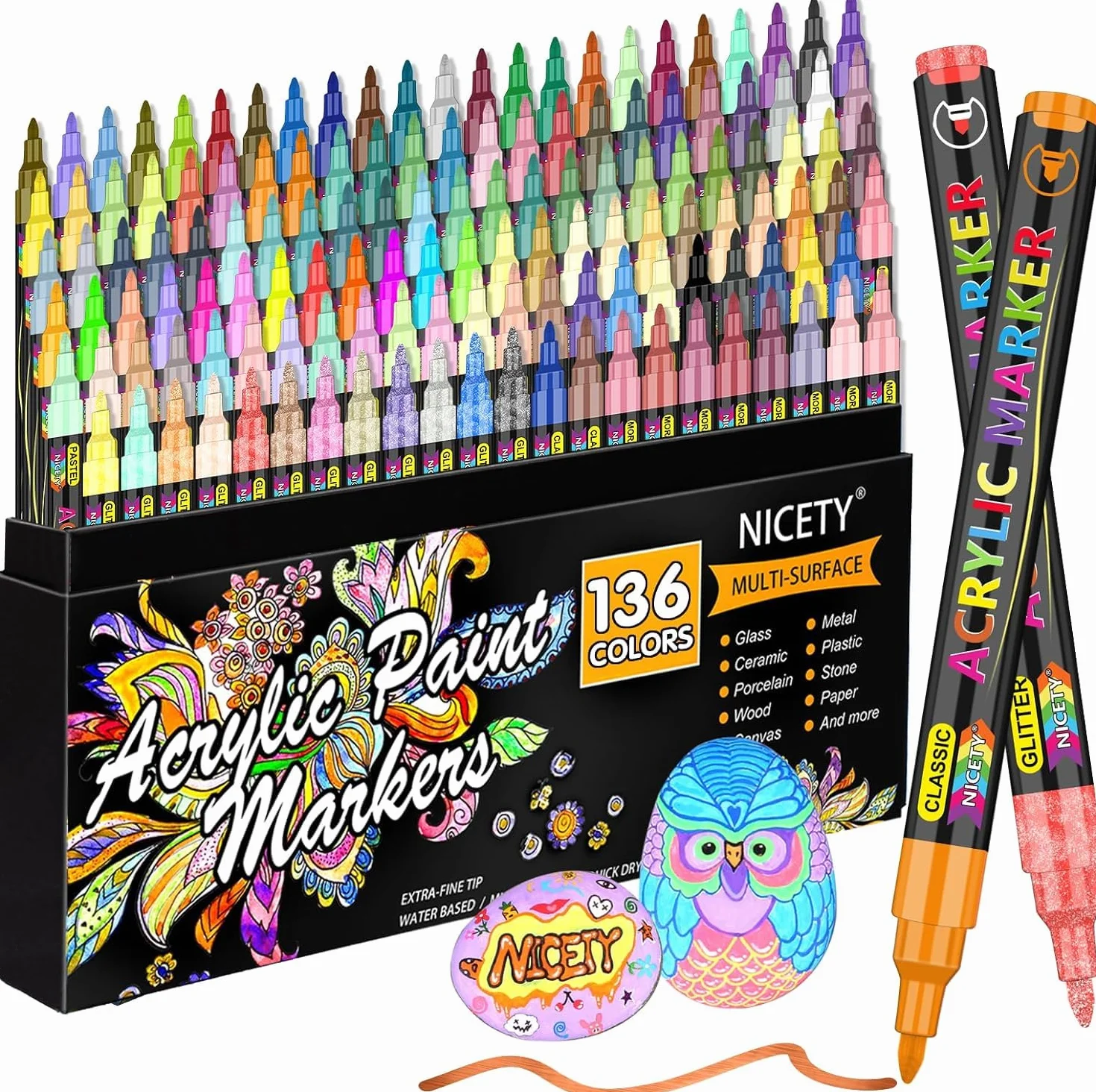 NICETY Markery akrylowe do kamieni, wodoodporne, 136 kolorów, pisaki do malowania szkła, do kamienia, materiału, drewna, płótna, szkła, ceramiki, 0,7 mm