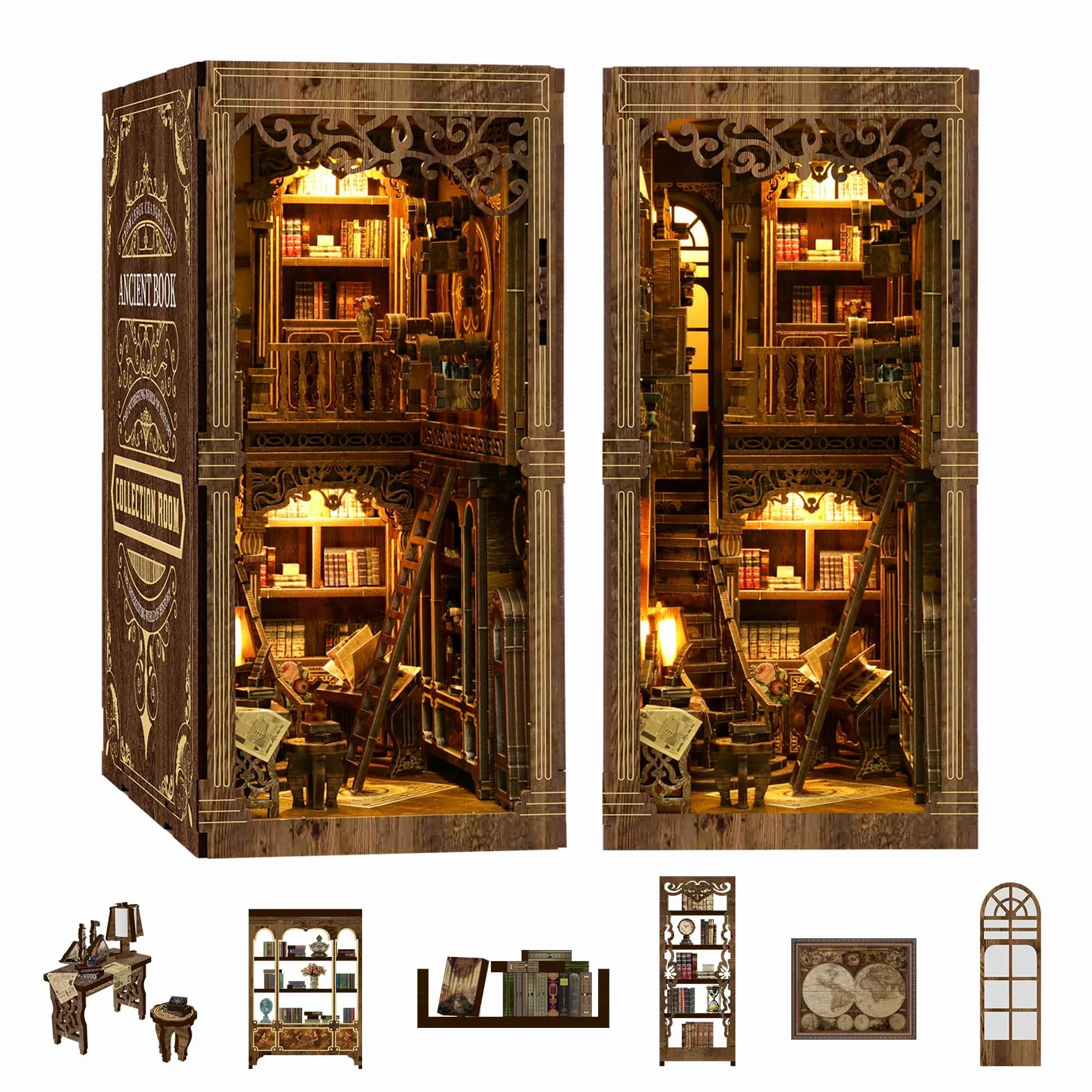Tecnock Zestaw do samodzielnego wykonania, miniaturowy zestaw domków dla dorosłych i nastolatków, antyczna scena biblioteczna, dekoracja z przełącznikiem dotykowym, drewniane puzzle 3D, prezent dla