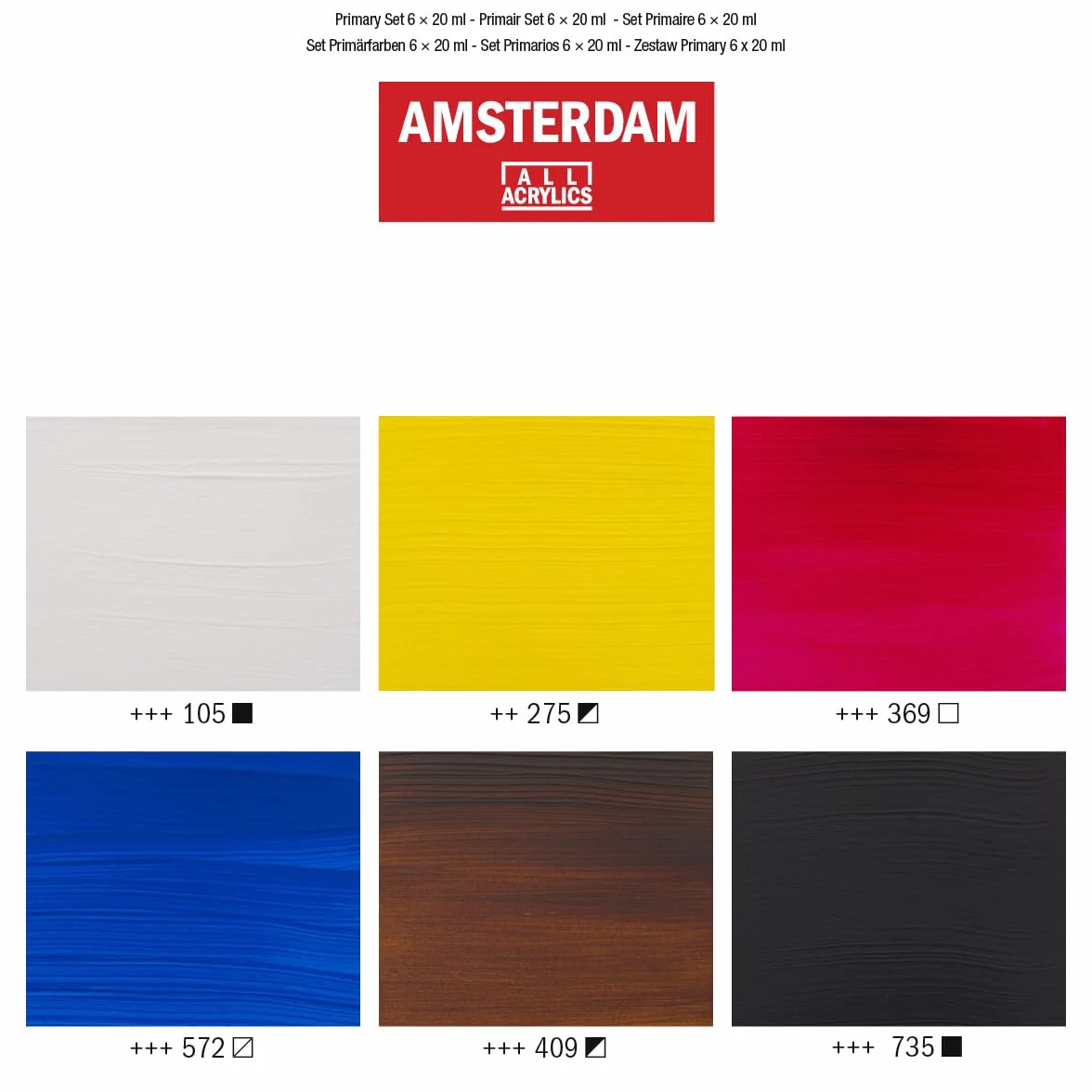 Amsterdam Zestaw farb akrylowych z serii Standard, zestaw do mieszania teorii kolorów (6 tubek 20 ml), kolory podstawowe + czarny, biały i umbra