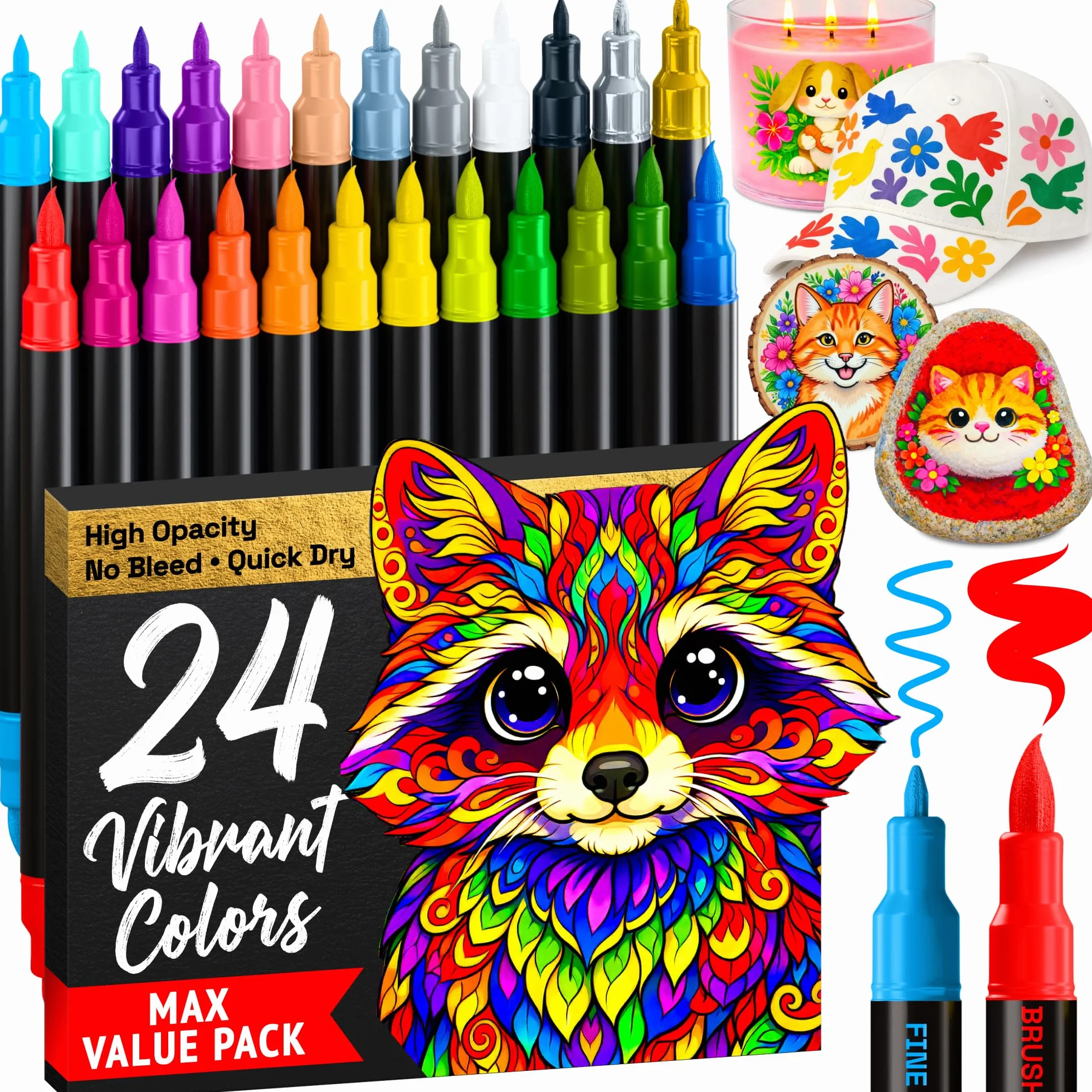 24 pack acrylic Dual Tip Paint Pens Brush + Fine Tips