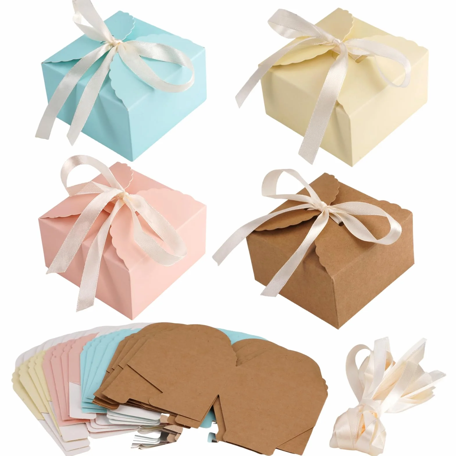 20 sztuk małych pudełek prezentowych, 9×9×5cm, pudełka prezentowe z pokrywkami i wstążkami, zestaw pudełek prezentowych, pudełka prezentowe z papierowymi wstążkami w pastelowych kolorach na święta
