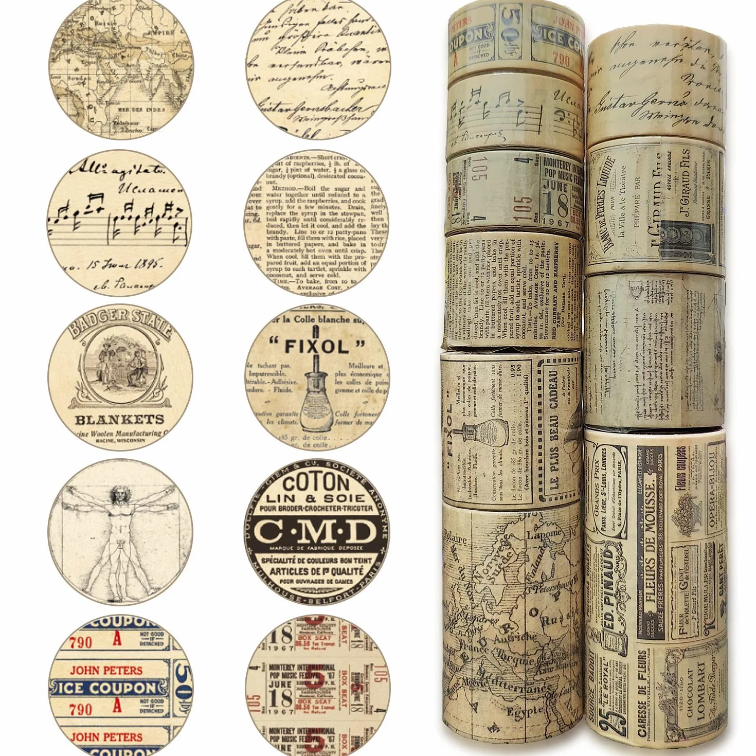 10 rolek (łącznie 30 m) zestaw taśm Washi w stylu vintage, taśma maskująca, nostalgiczny styl, naklejka dekoracyjna do majsterkowania, scrapbookingu, pamiętnika, planera, pakowania prezentów