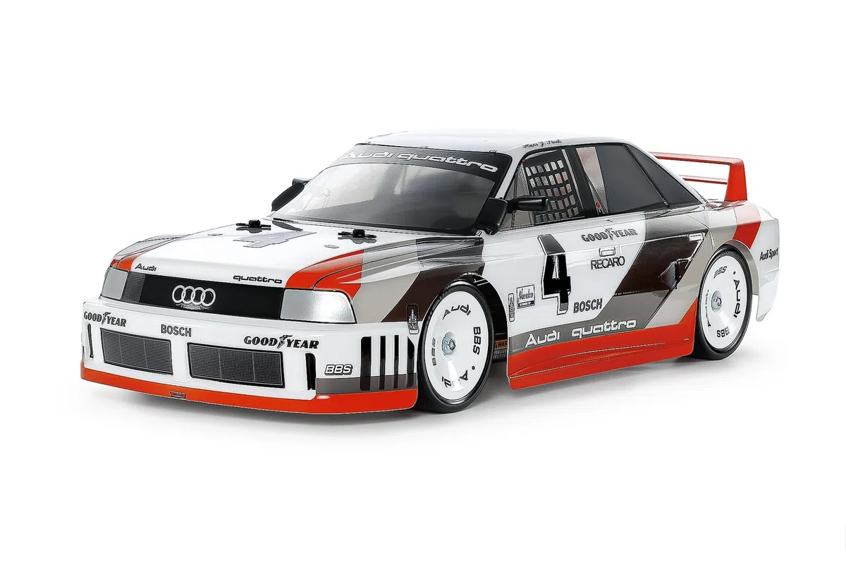 Tamiya 47511 1:10 RC Audi 90 Quattro Racing lakierowany TT-02 - zdalnie sterowany samochód, pojazd, modelarstwo, montaż, hobby, zestaw do montażu RC