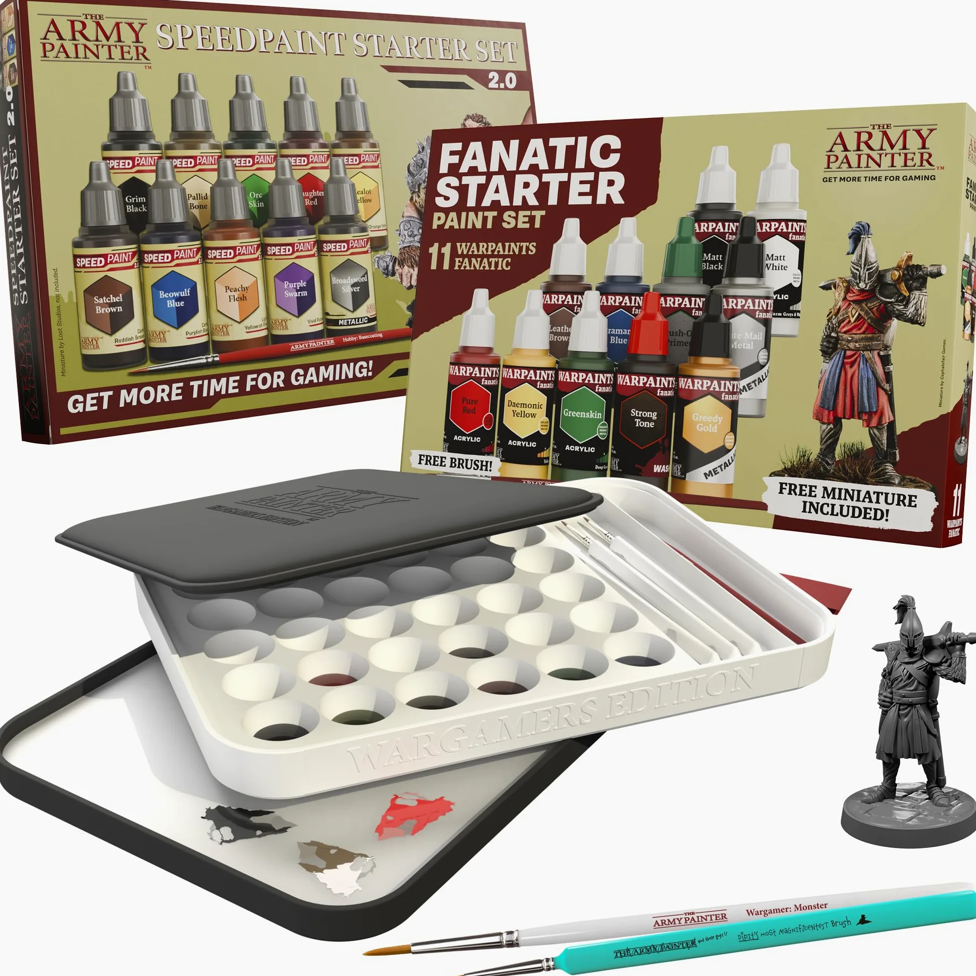 The Army Painter, Starter Bundle Plus+, zestaw farb dla początkujących | Speedpaint 2.0 i Warpaints Fanatic Starter Set, Wargamers XL Wet Palette i 2 pędzle, DnD i Warhammer