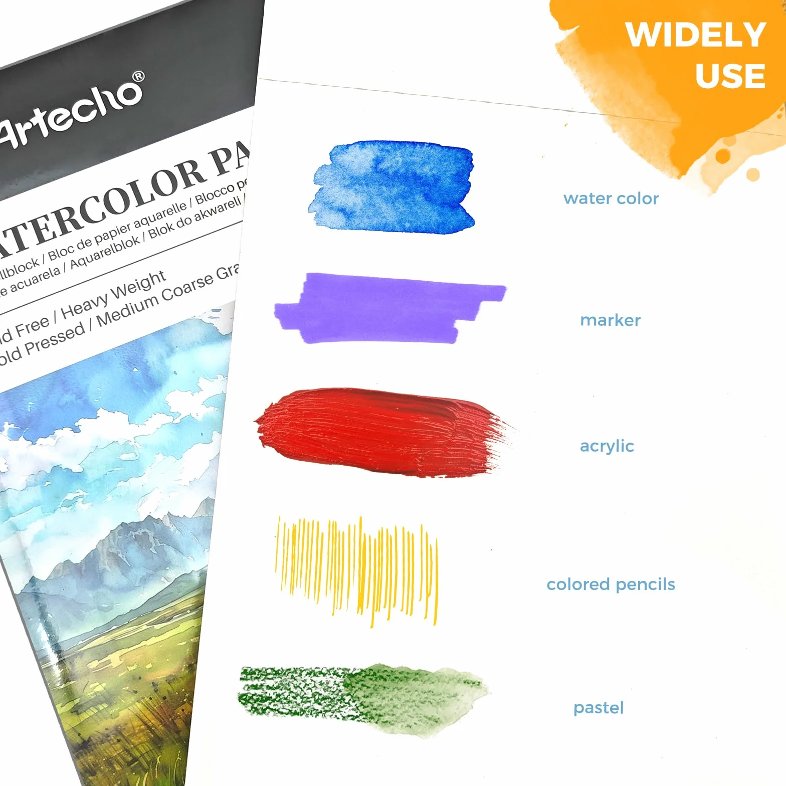 Artecho Blok papieru akwarelowego A4, 40 arkuszy z pędzlem akwarelowym i ołówkiem, papier akwarelowy 300g/m², blok papieru artystycznego, szkicownik akwarelowy do malowania, rysowania, szkicowania i