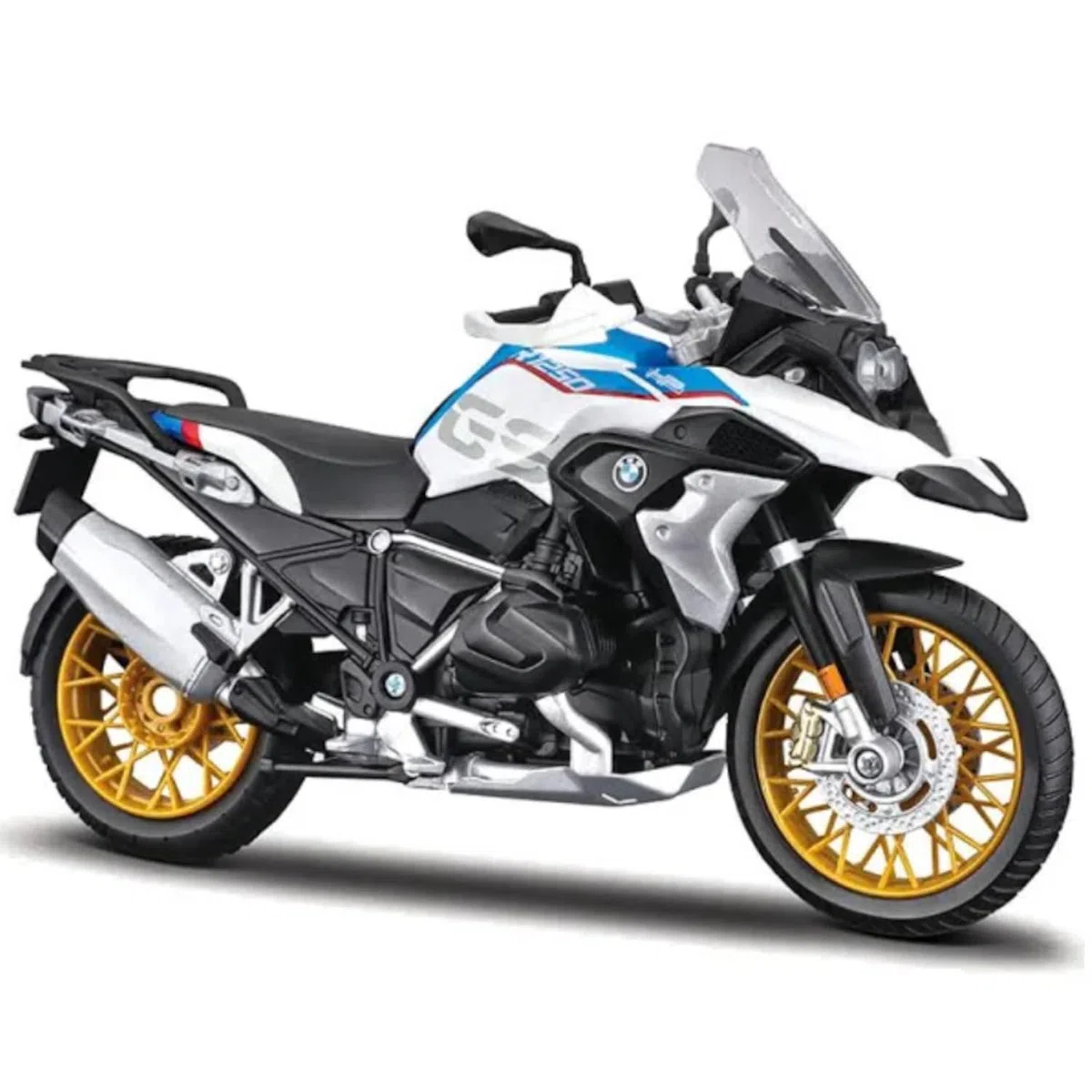 Maisto BMW R1250GS: model motocykla w skali 1:12, ze sprężyną i rozkładanym stojakiem bocznym, 17 cm, niebiesko-biały (5-20100), średni
