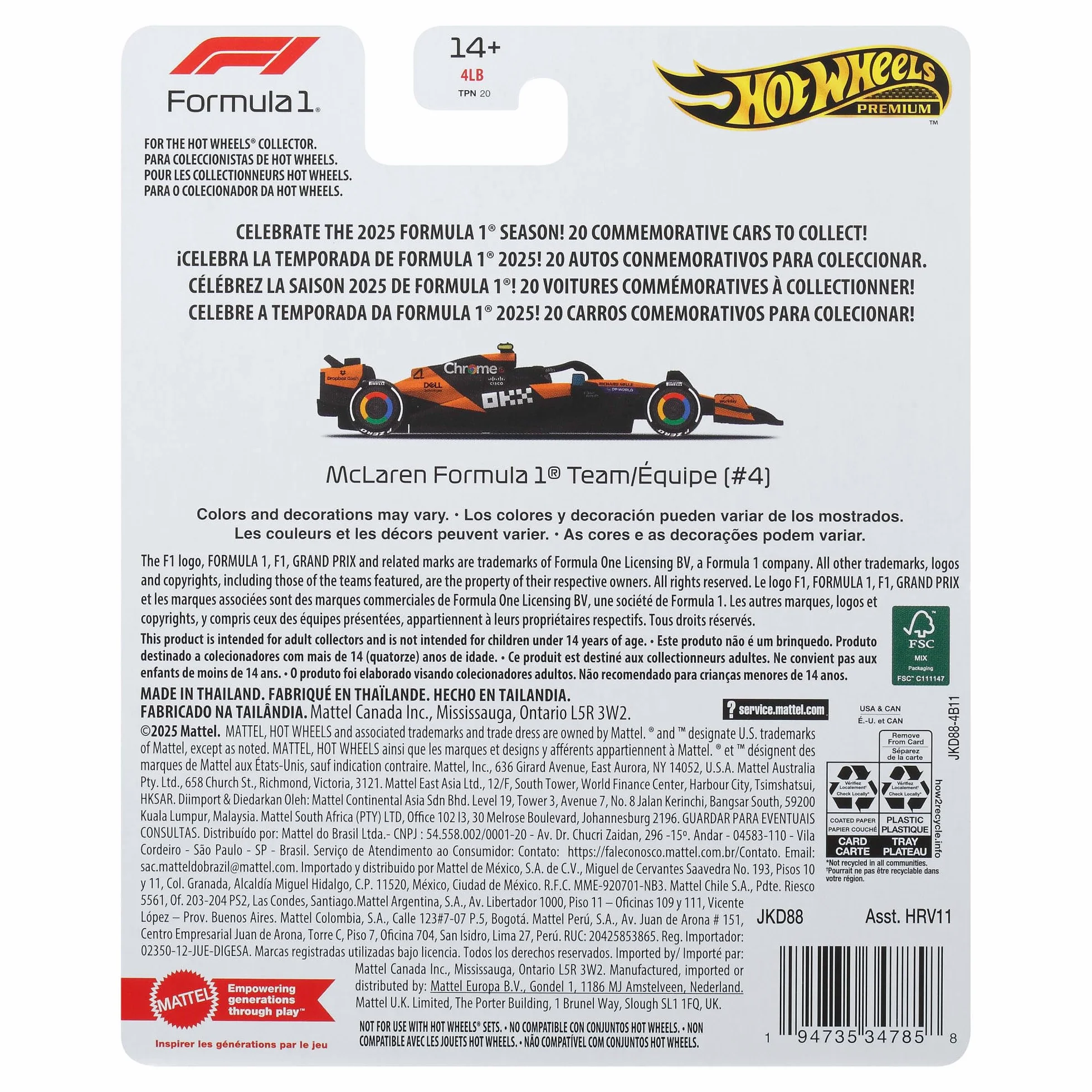 Hot Wheels Premium Formuła 1 Samochodzik Bolid F1 McLaren – Lando Norris #4, samochód wyścigowy w skali 1:64, opony Real Riders i metalowa konstrukcja, auto dla dorosłych kolekcjonerów, JKD88