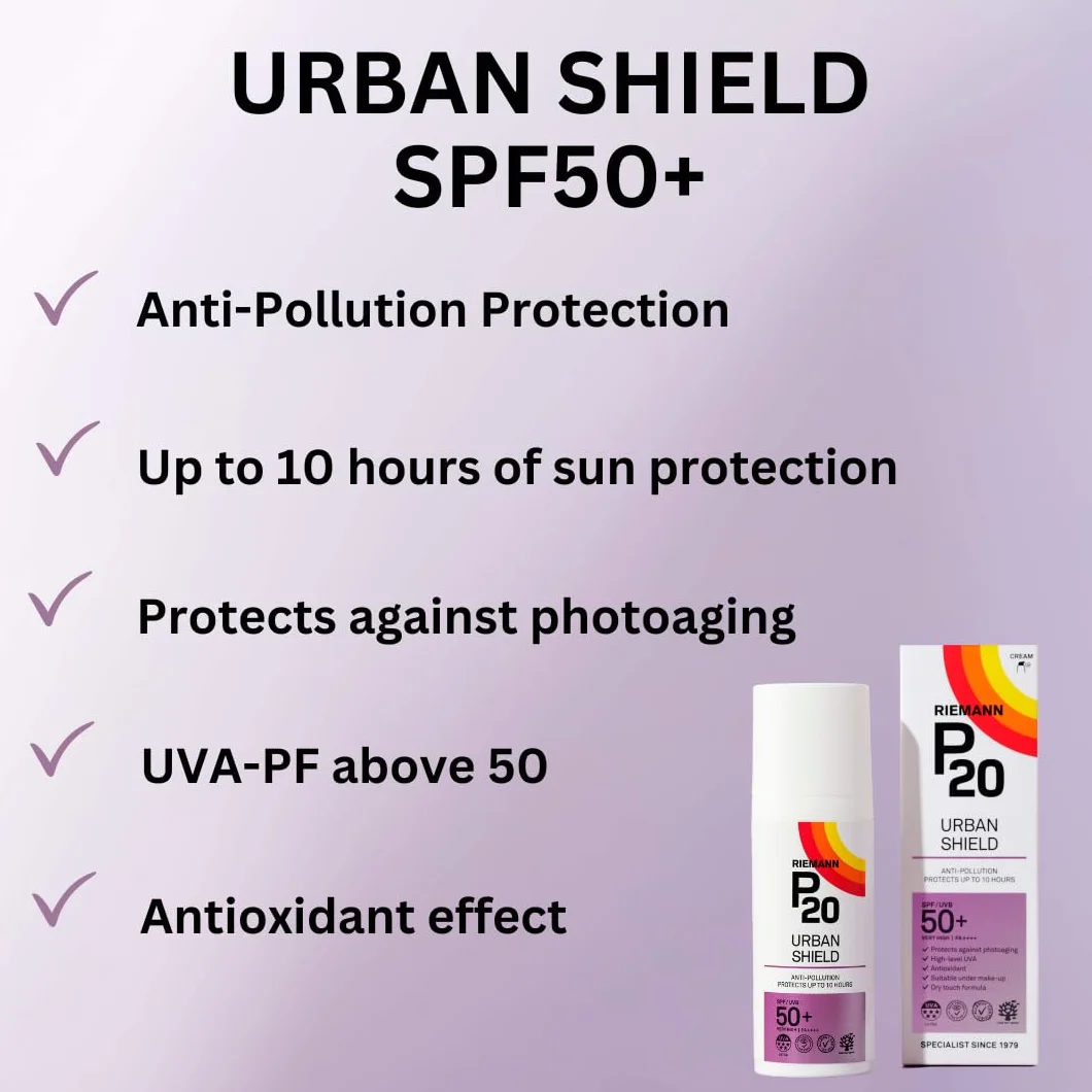 P20 Filtr przeciwsłoneczny SPF 50+, Urban Shield, ochrona przeciwsłoneczna do 10 h, technologia potrójnej ochrony, ochrona przed promieniowaniem UVA/UVB, antyoksydant z witaminą C+E, odporny na wodę i