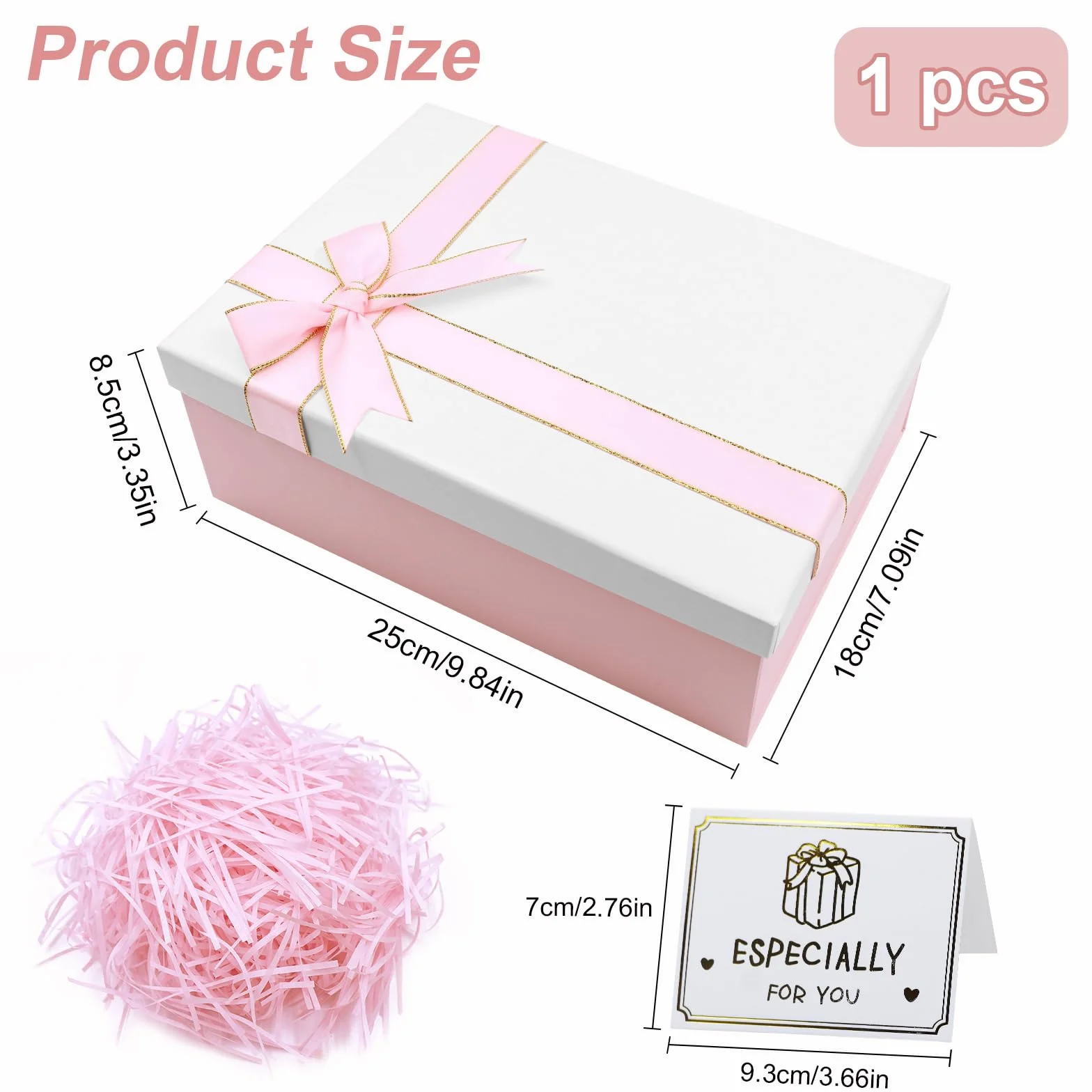 Realjoy Pudełko prezentowe z kokardą, 25 x 18 x 8,5 cm, różowe, składane puste pudełko upominkowe z pokrywką, kartki okolicznościowe i Rafia na wesela, urodziny, Walentynki i Boże Narodzenie (biała