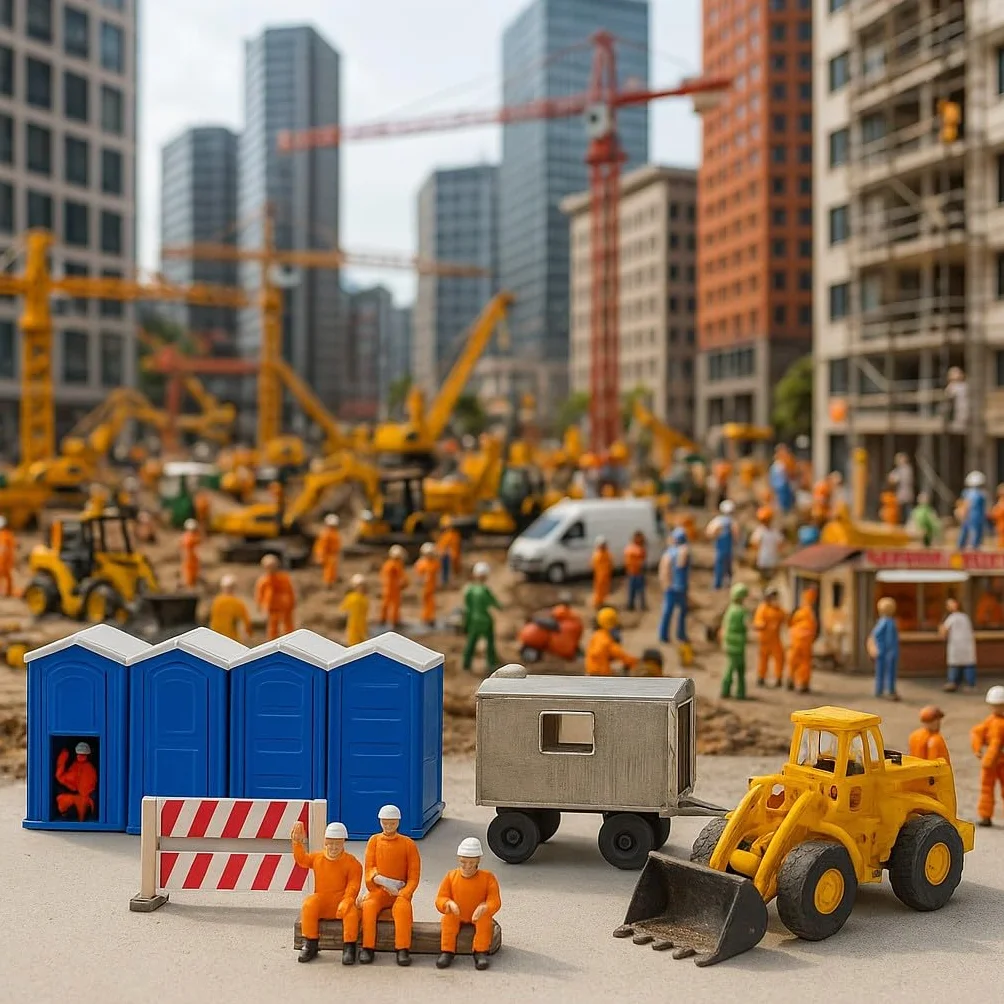 H0 Figurki plac budowy i akcesoria, super zestaw, konstrukcja nr 3 (1:87): miniatury pracowników budowlanych, bariery placu budowy, bloki sanitarne, przyczepy budowlane i koparki – żywica