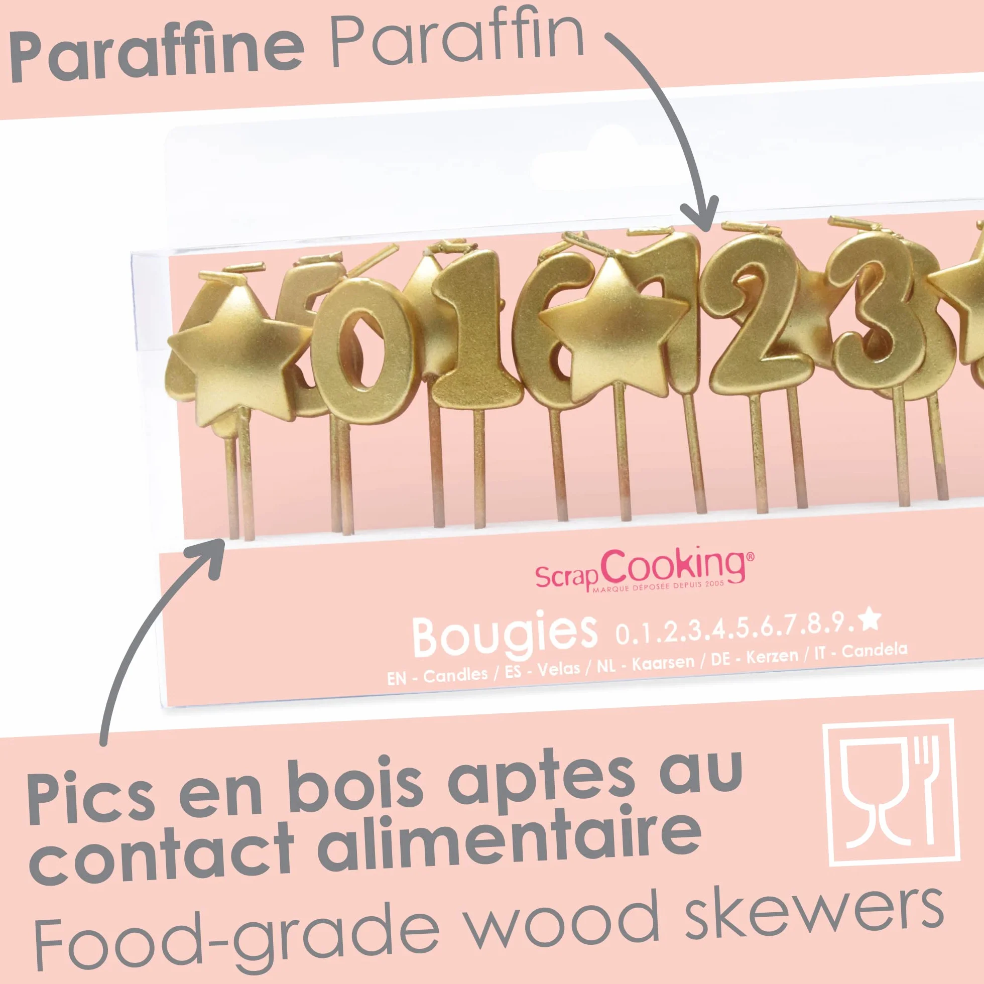 ScrapCooking - Zestaw złotych świec 1, 2, 3, Dekoracja drewna Parafina Ciasto - Akcesoria urodzinowe na przyjęcie ciasto - 5002