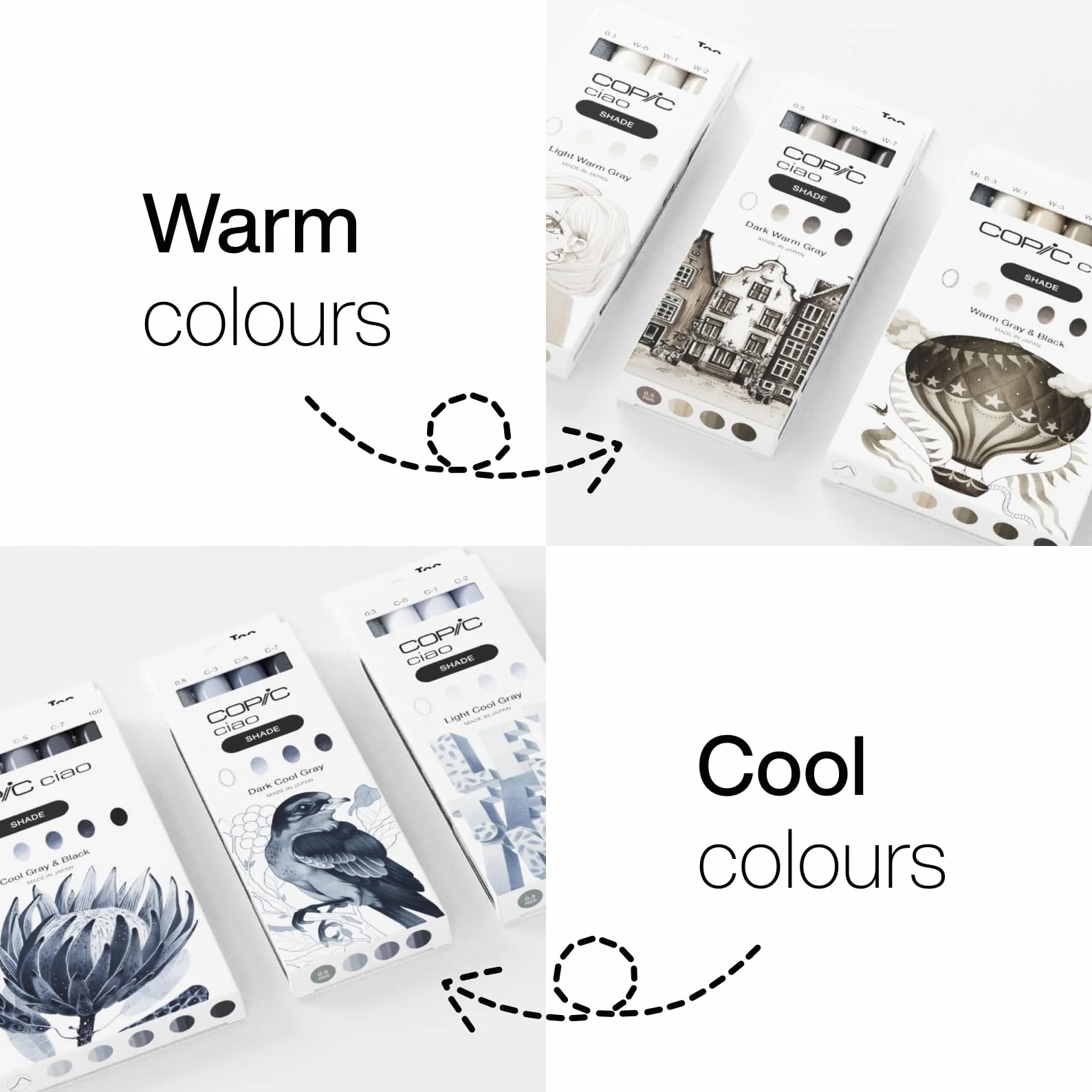 Zestaw cieni Copic Ciao "Light Cool Gray", 3 podwójne markery z jedną końcówką o średniej szerokości i jedną końcówką pędzelkową, w tym Multiliner Cool Gray 0,3 mm