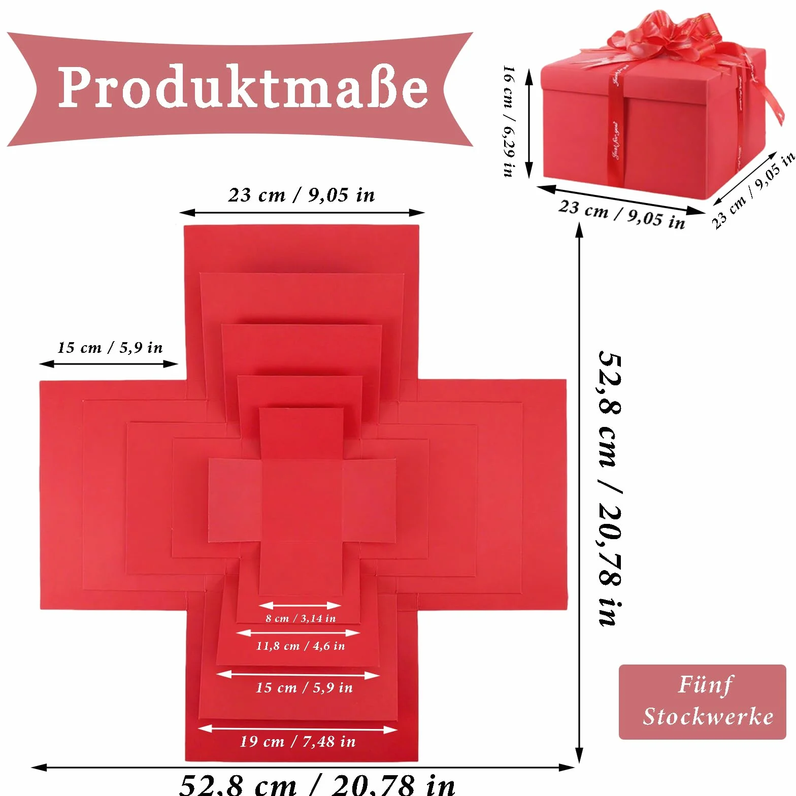 5-warstwowe kreatywne pudełko typu explosion, pudełko na słodycze, z taśmą klejącą i taśmą, DIY Box, na urodziny, Boże Narodzenie, oświadczyny, jubileusz, ślub, Dzień Matki (czerwone)