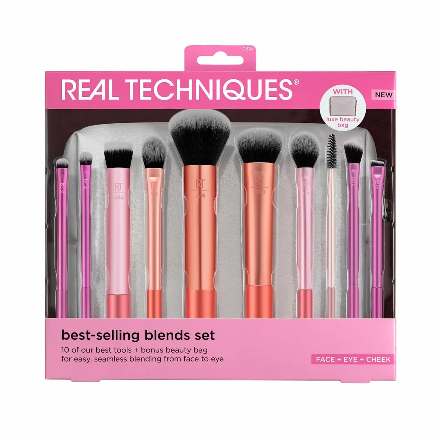 Real Techniques Blends Set, 10-Piece Makeup Brush Collection with Beauty Bag for Face and Eye, Use with Liquid, Cream, or Powder, Vegan, Cruelty-Free, Travel-Friendly, Easy to Clean