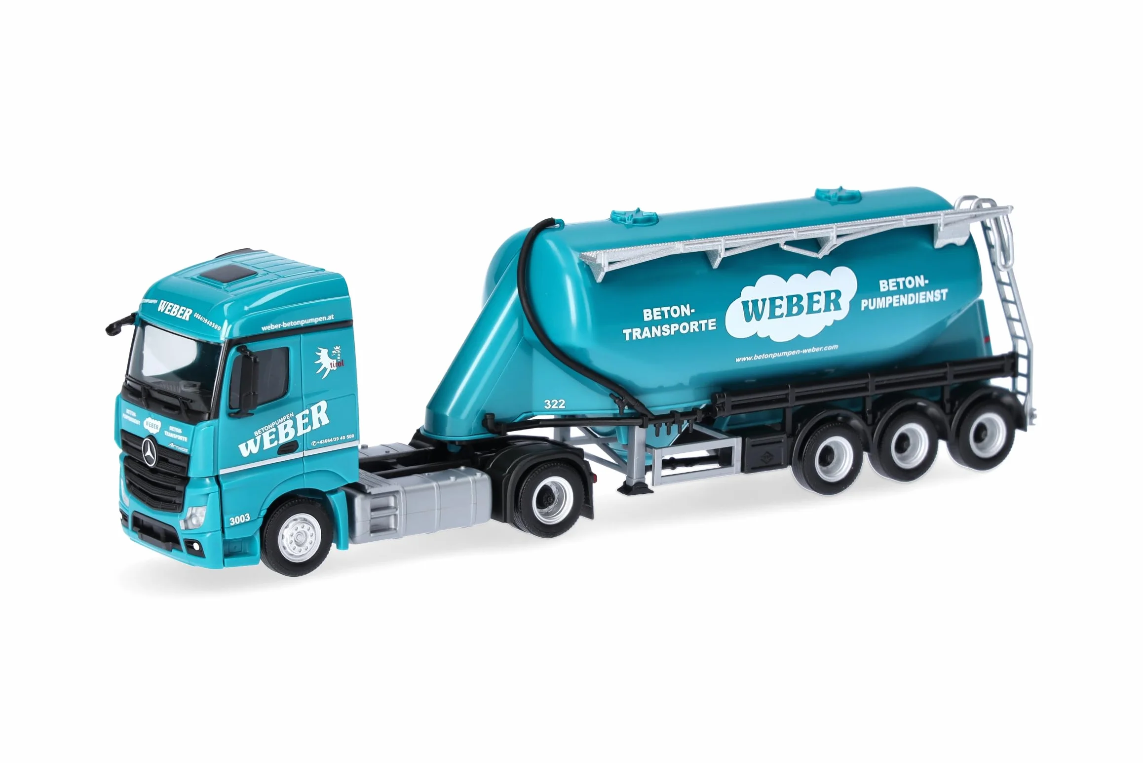 Herpa model ciężarówki Mercedes-Benz Actros 18 Streamspace zestaw z naczepą silosową „Weber Betonpumpen” (Austria), miniatura w skali 1:87, model kolekcjonerski, Made in Germany, tworzywo sztuczne