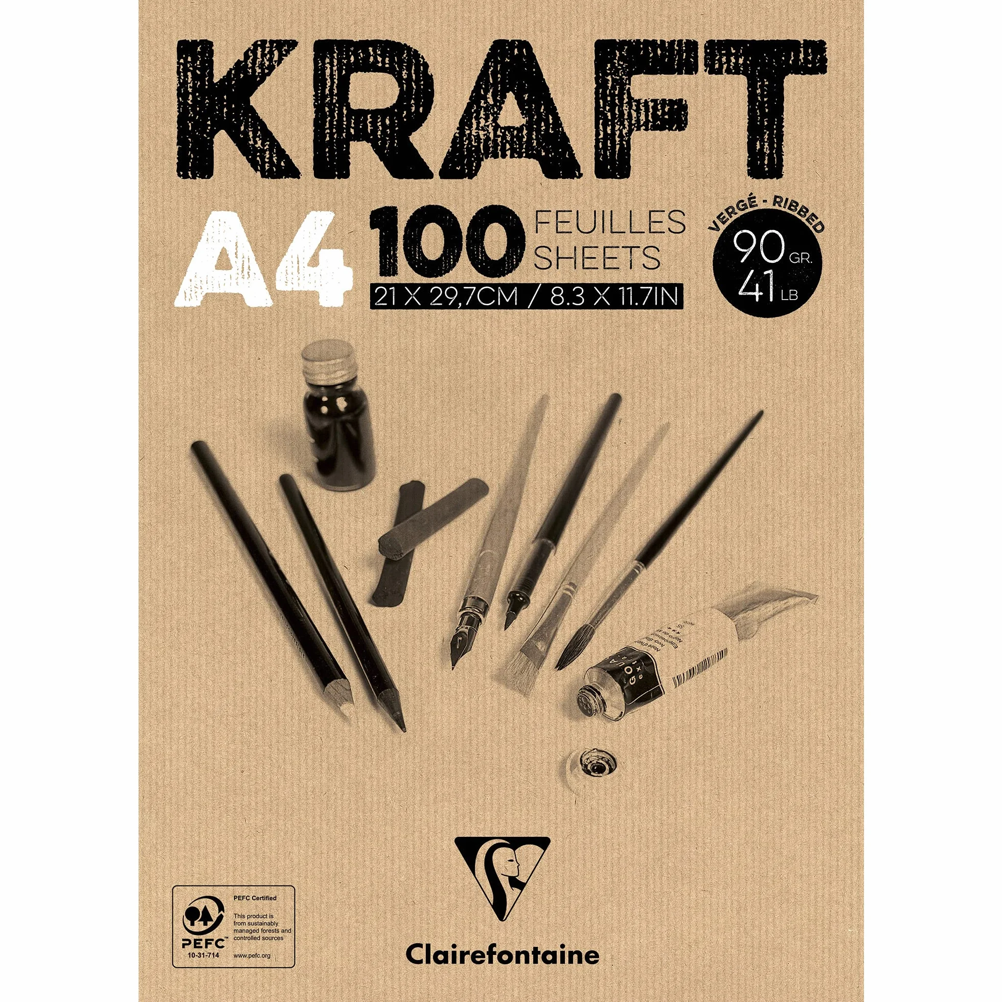 Clairefontaine 96545C – Blok klejony z papieru kraft – 100 arkuszy prążkowanego brązowego papieru kraft – A4 (21×29,7 cm) – 90 g – Papier dwustronny do szkicu i rysunku