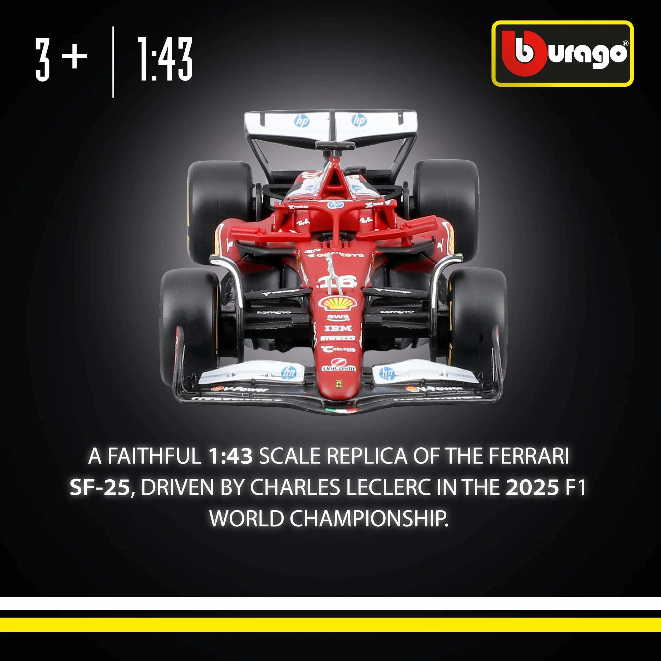 Bburago - Ferrari SF-25 F1 2025#16 Leclerc, samochód diecast w skali 1:43, szczegółowa replika bolidu Ferrari Formuły 1, oficjalna licencja Ferrari, zalecany wiek 3+ lata