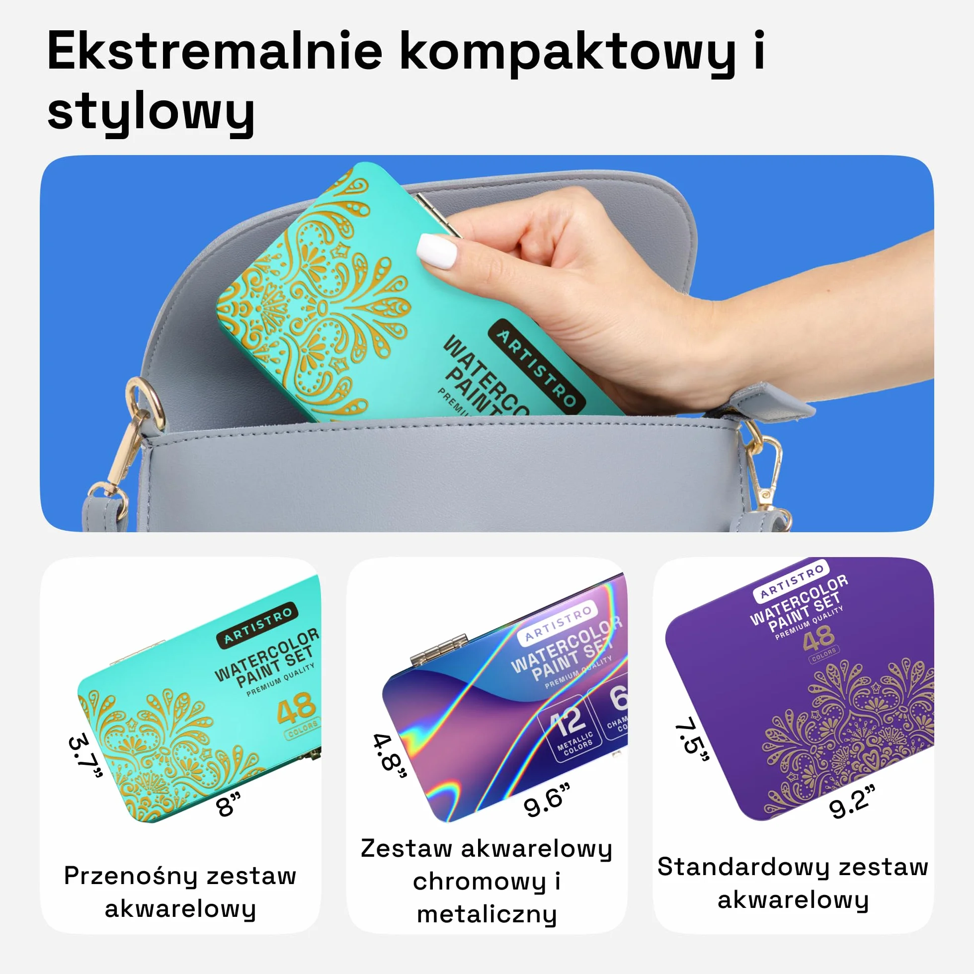 ARTISTRO Zestaw farb akwarelowych, 48 żywych kolorów w przenośnym pudełku, w tym kolory metaliczne i fluorescencyjne. Doskonały podróżny zestaw akwareli dla artystów, hobbystów amatorów i miłośników malarstwa.