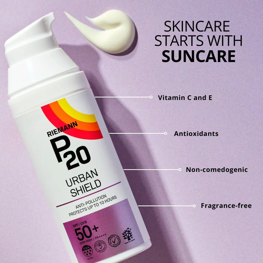 P20 Filtr przeciwsłoneczny SPF 50+, Urban Shield, ochrona przeciwsłoneczna do 10 h, technologia potrójnej ochrony, ochrona przed promieniowaniem UVA/UVB, antyoksydant z witaminą C+E, odporny na wodę i
