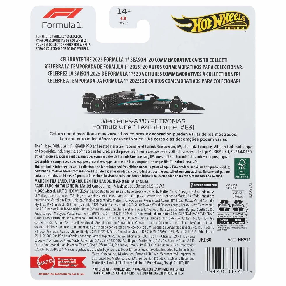 Hot Wheels Premium Formuła 1 Samochodzik Bolid F1 Mercedes-Benz – George Russel #63, samochód wyścigowy w skali 1:64, opony Real Riders i metalowa konstrukcja, auto dla dorosłych kolekcjonerów, JKD80