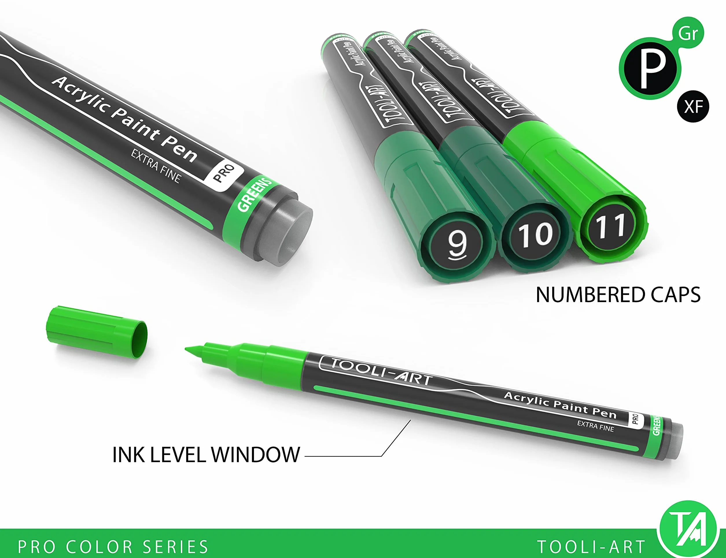 TOOLI-ART Zestaw markerów akrylowych, 22 różne zielone markery z serii Pro Color, 0,7 mm, bardzo cienka końcówka do malowania skalnego, szkła, kubków, drewna, metalu, płótna, DIY, nietoksyczne, na