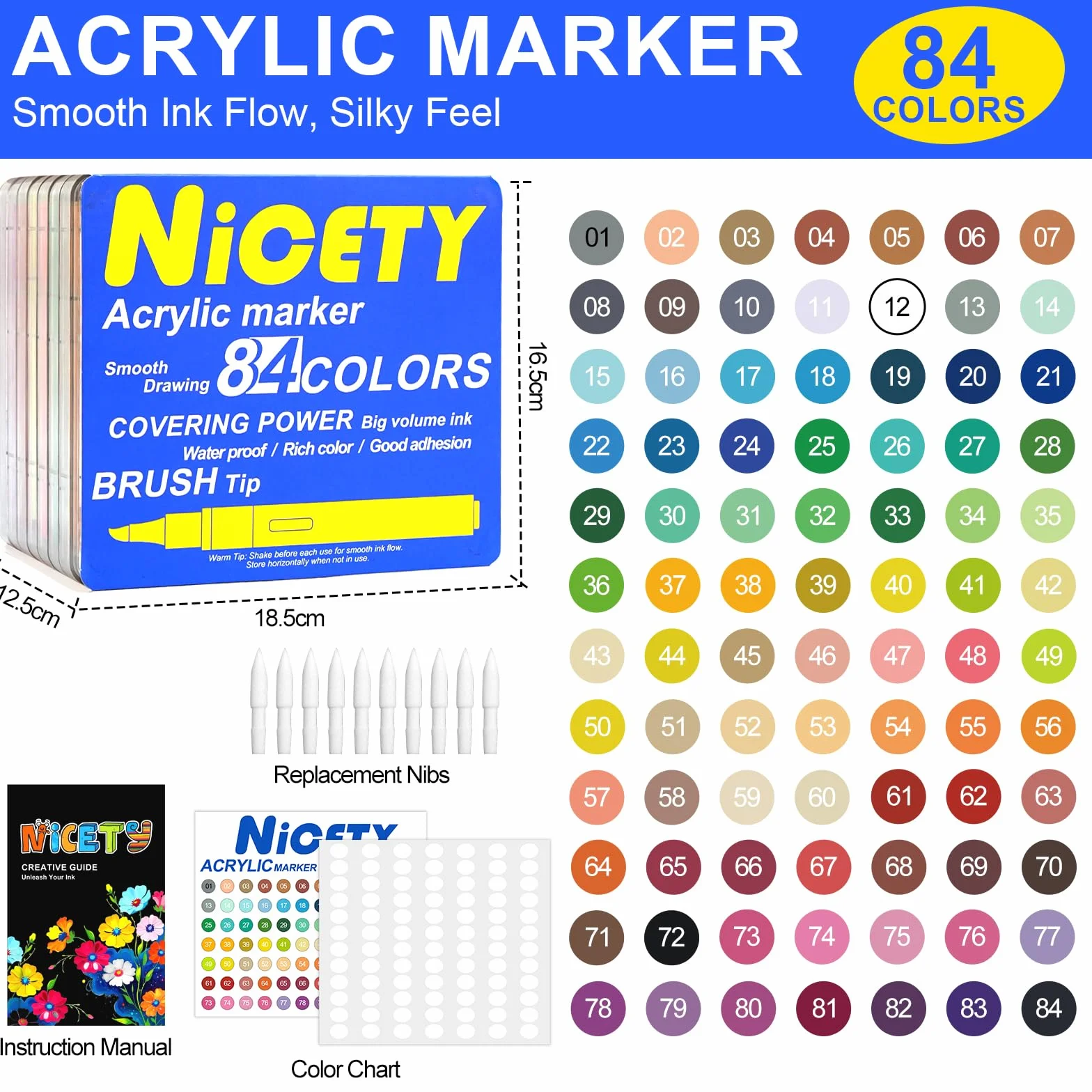 NICETY 84 Kolory Markery Akrylowe – Pisaki z Końcówką Pędzelkową 1–5mm do Kamieni, Drewna, Szkła i Ceramiki – Na Bazie Wody z Automatycznym Systemem Kontroli Atramentu i 10 Zapasowymi Końcówkami