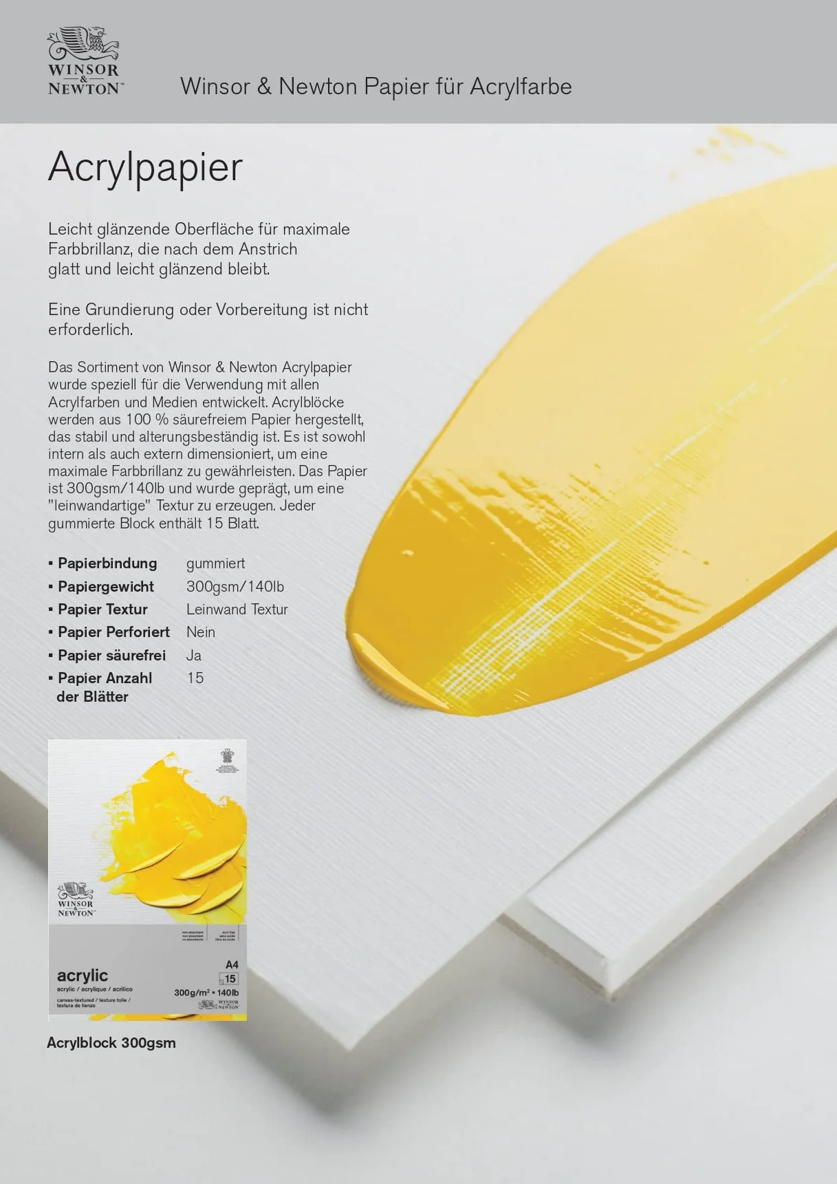 Winsor & Newton 6534005 papier akrylowy w bloku - 15 arkuszy o strukturze płótna DIN A4, 300 g/m², bezkwasowy, bez rozjaśniaczy optycznych, odporny na starzenie się farb akrylowych i mediów, biały
