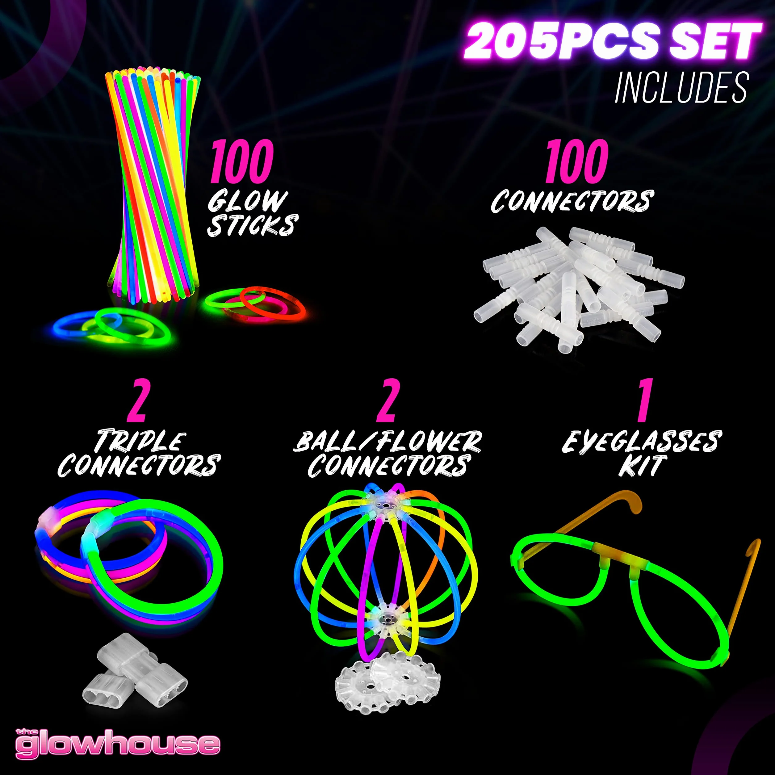 The Glowhouse UK Premium świecące pałeczki dla dzieci dorośli luzem 205 szt. Party Pack zawiera zestaw świecących okularów i łączniki do bransoletek i naszyjników. Mieszane jasne, długotrwałe świecące pałeczki UK