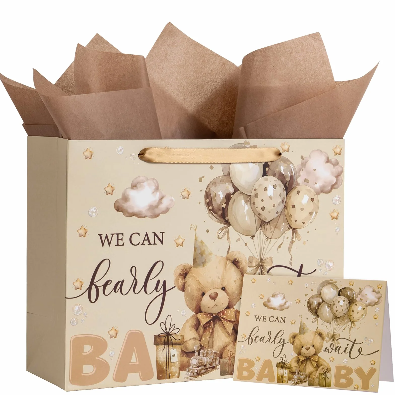 Loveinside 33 cm Niedźwiedź Baby Shower Torby na prezenty urodzinowe z bibułką i kartką - brązowy miś papierowe torby dla dzieci chłopców dziewcząt przyjęcie urodzinowe baby shower artykuły