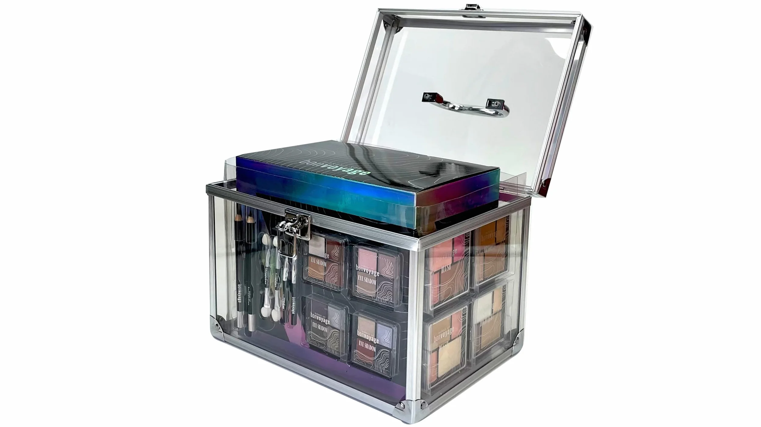 bonvoyage, Zestaw do Makijażu Colour Delights, Zestaw do Makijażu ze Szminką, Cieniami do Powiek, Różem, Zestawem do Manicure i Pedicure, Przenośna i Modna Przezroczysta Walizeczka