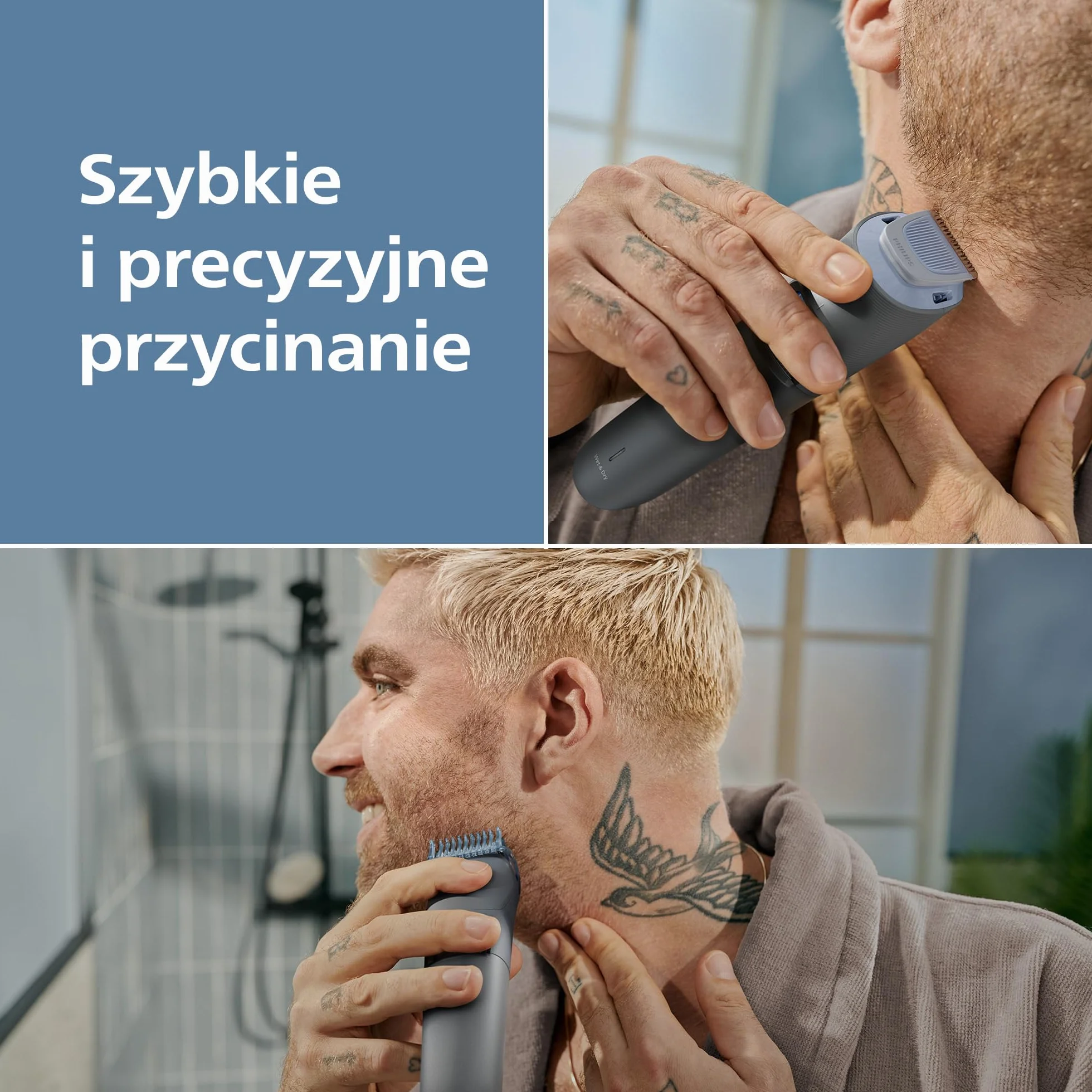 Trymer do brody Philips z serii 3000 – samoostrzące się ostrza z zaokrąglonymi końcówkami, 20 ustawień, nasadka Lift&Trim, 100% wodoodporności, wskaźnik naładowania baterii, miękkie etui, BT3619/15