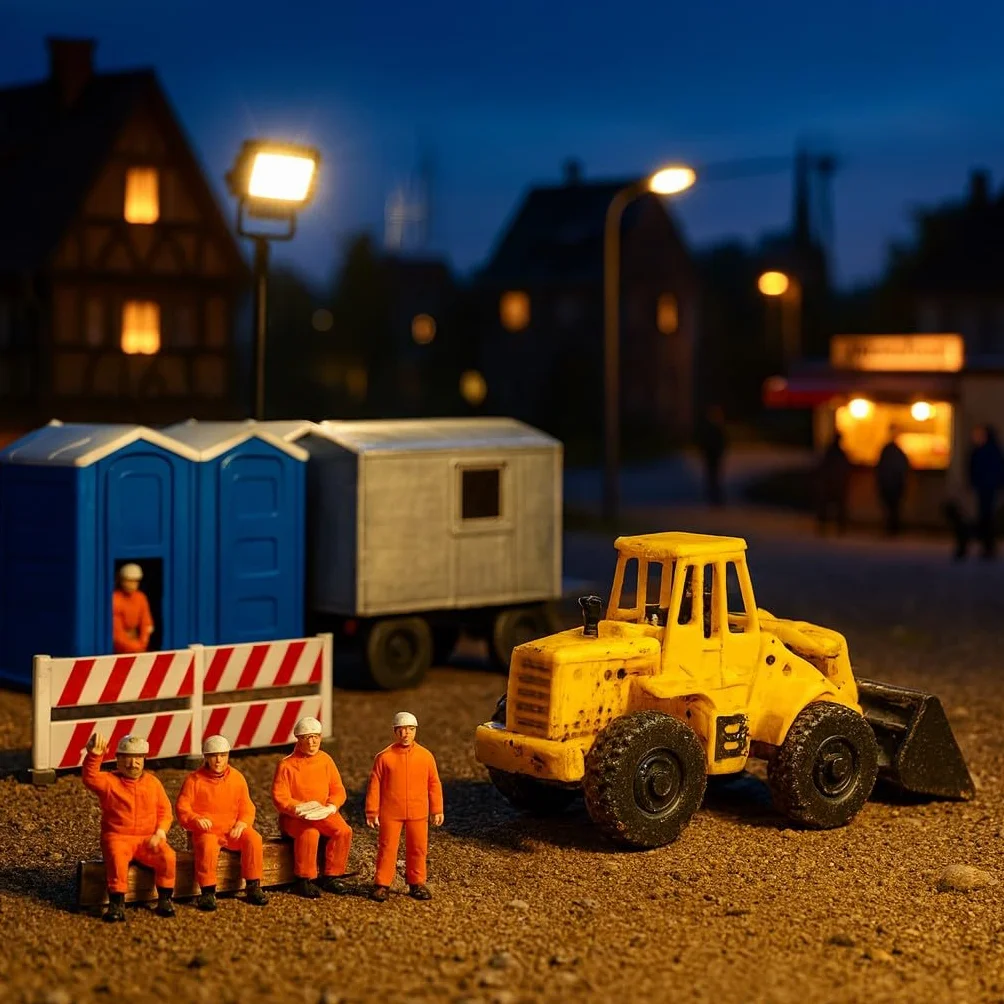 H0 Figurki plac budowy i akcesoria, super zestaw, konstrukcja nr 3 (1:87): miniatury pracowników budowlanych, bariery placu budowy, bloki sanitarne, przyczepy budowlane i koparki – żywica