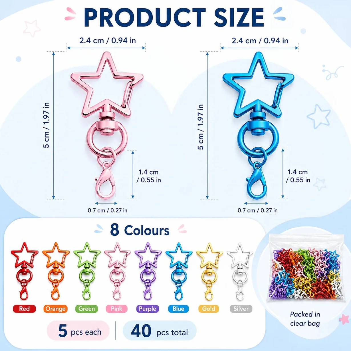 40 sztuk zawieszek do kluczy z karabińczykami w kształcie gwiazdy, mini koło na klucze, zawieszka do kluczy do robótek, mały karabinek, kolorowe kółka na rzemyki, zawieszki do kluczy, plecak, prace