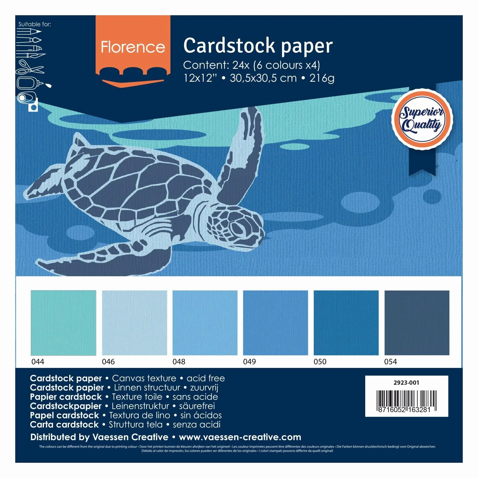 Vaessen Creative Florence Cardstock teksturowane materiały do tworzenia kolorowych kart, 30,5 x 30,5 cm, niebieskie, 24 arkusze, kolorowy papier do scrapbookingu, tworzenia kart i innych rzemiosł