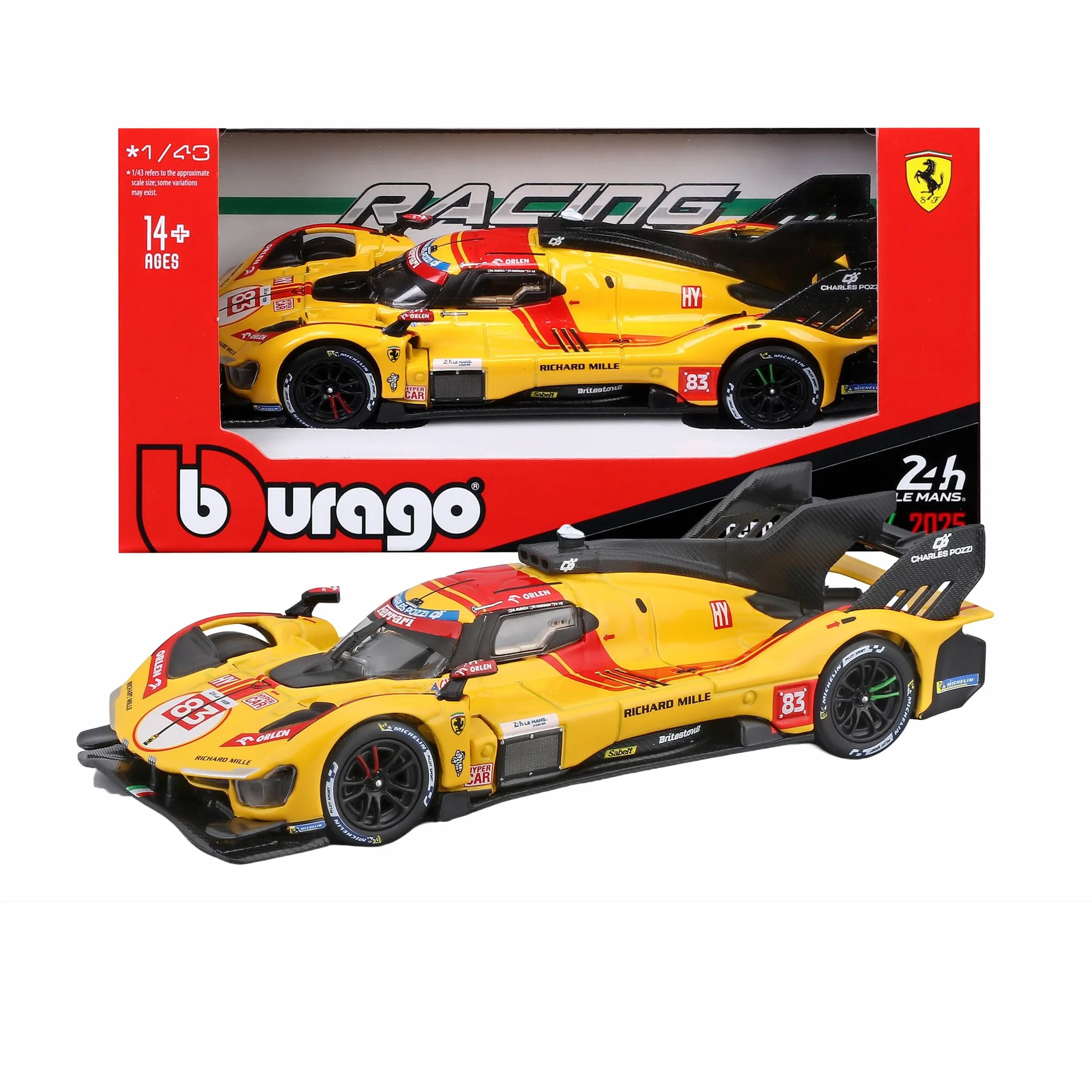 Bburago - Ferrari 499P 24H LE MANS Champion 2025#83, model samochodu w skali 1:43, szczegółowa replika zwycięzcy Le Mans, oficjalna licencja Ferrari, zalecany wiek 3+ lata