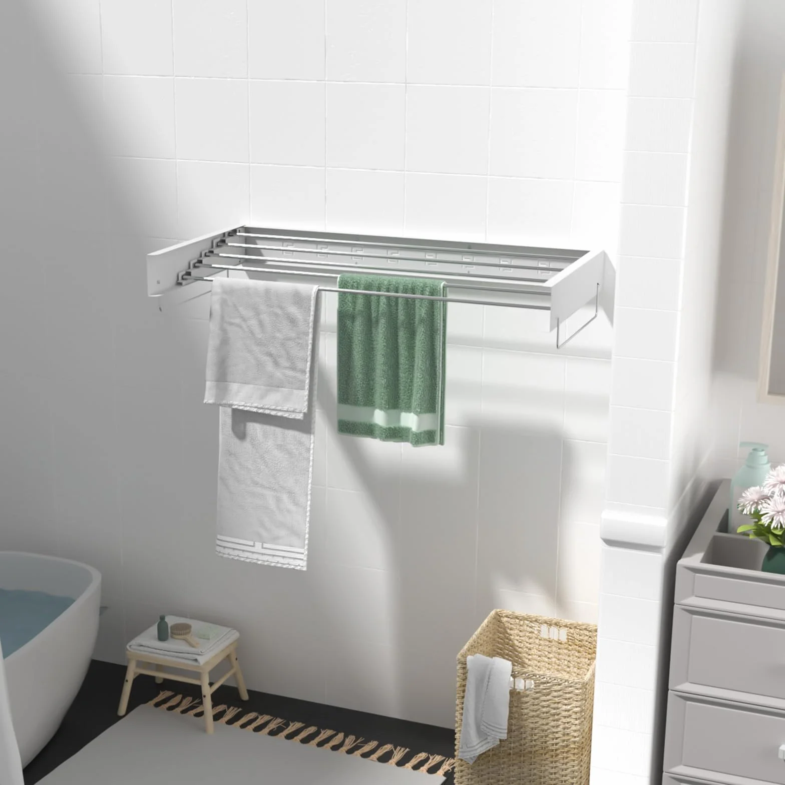 SWAWIS 80 x 40 cm suszarka ścienna ze stali nierdzewnej, biała, nośność 50 kg, składana, nadaje się do użytku wewnątrz i na balkon, zajmuje mało miejsca