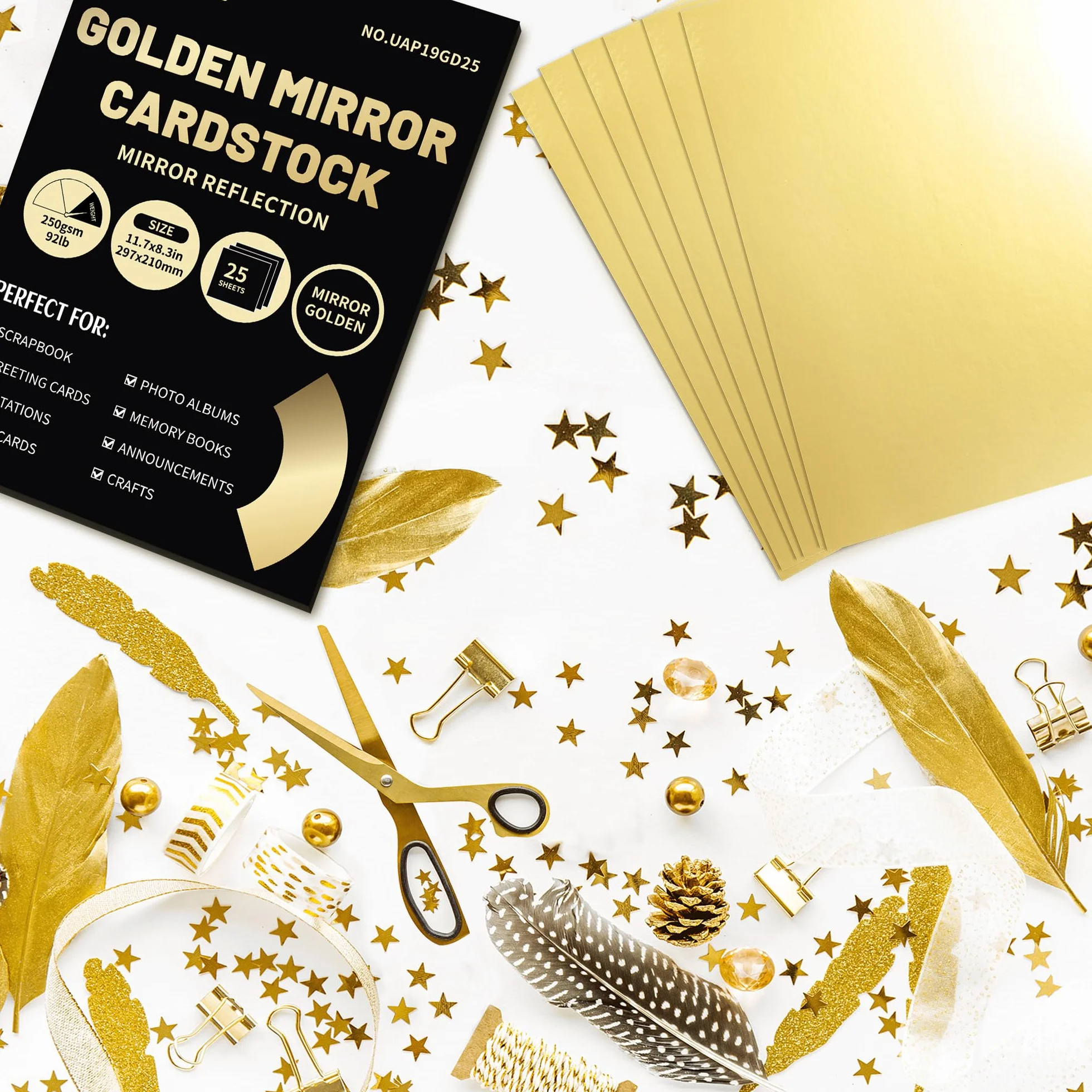 Złoty papier kartonowy A4, 60 arkuszy 250 g/m², metaliczny papier odblaskowy do rękodzieła, tektura foliowa do projektów DIY, dekoracja na przyjęcie urodzinowe, UAP19GD60