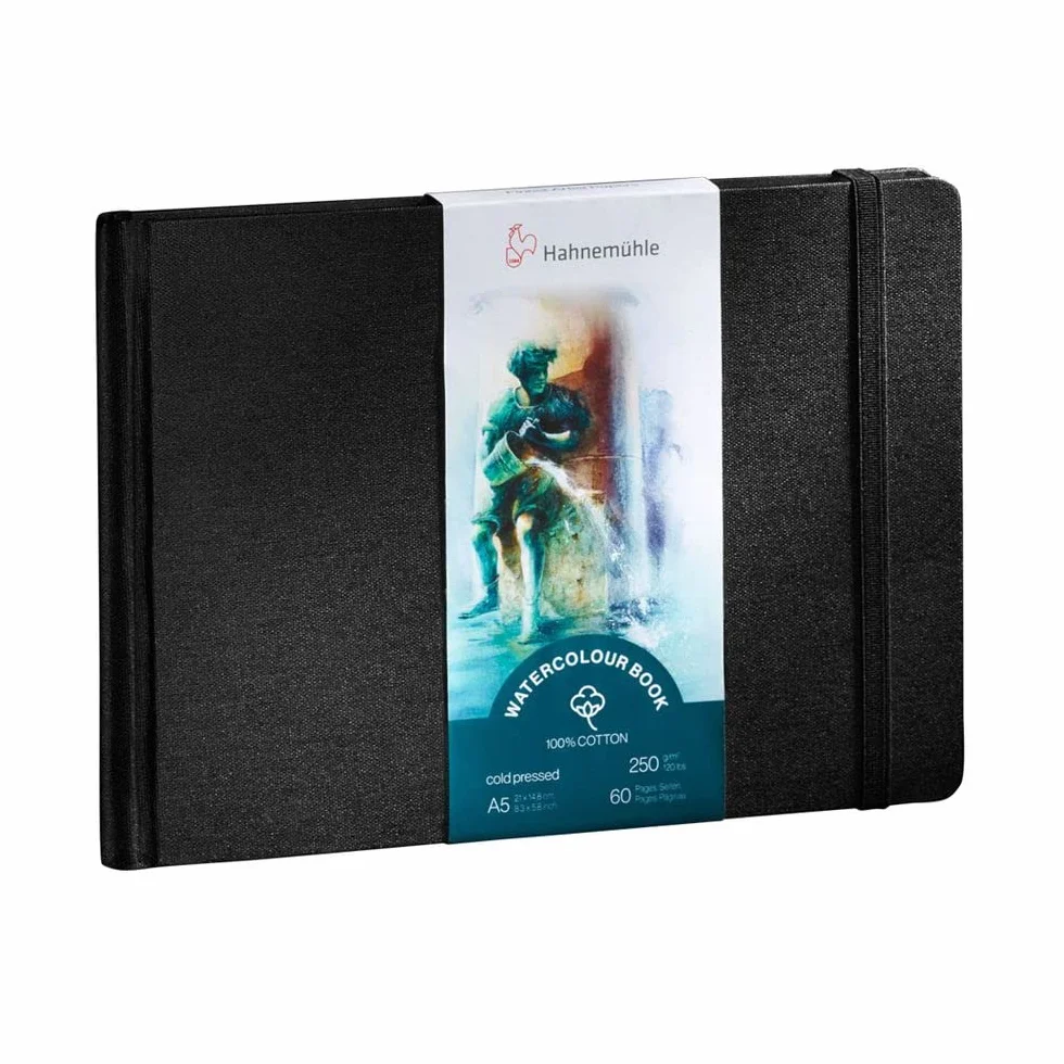 Hahnemühle Watercolour Book 100% bawełna, 250 g/m², matowy, klejony powierzchniowo, 30 arkuszy/60 stron, książka akwarelowa (A5 – format krajobrazu)